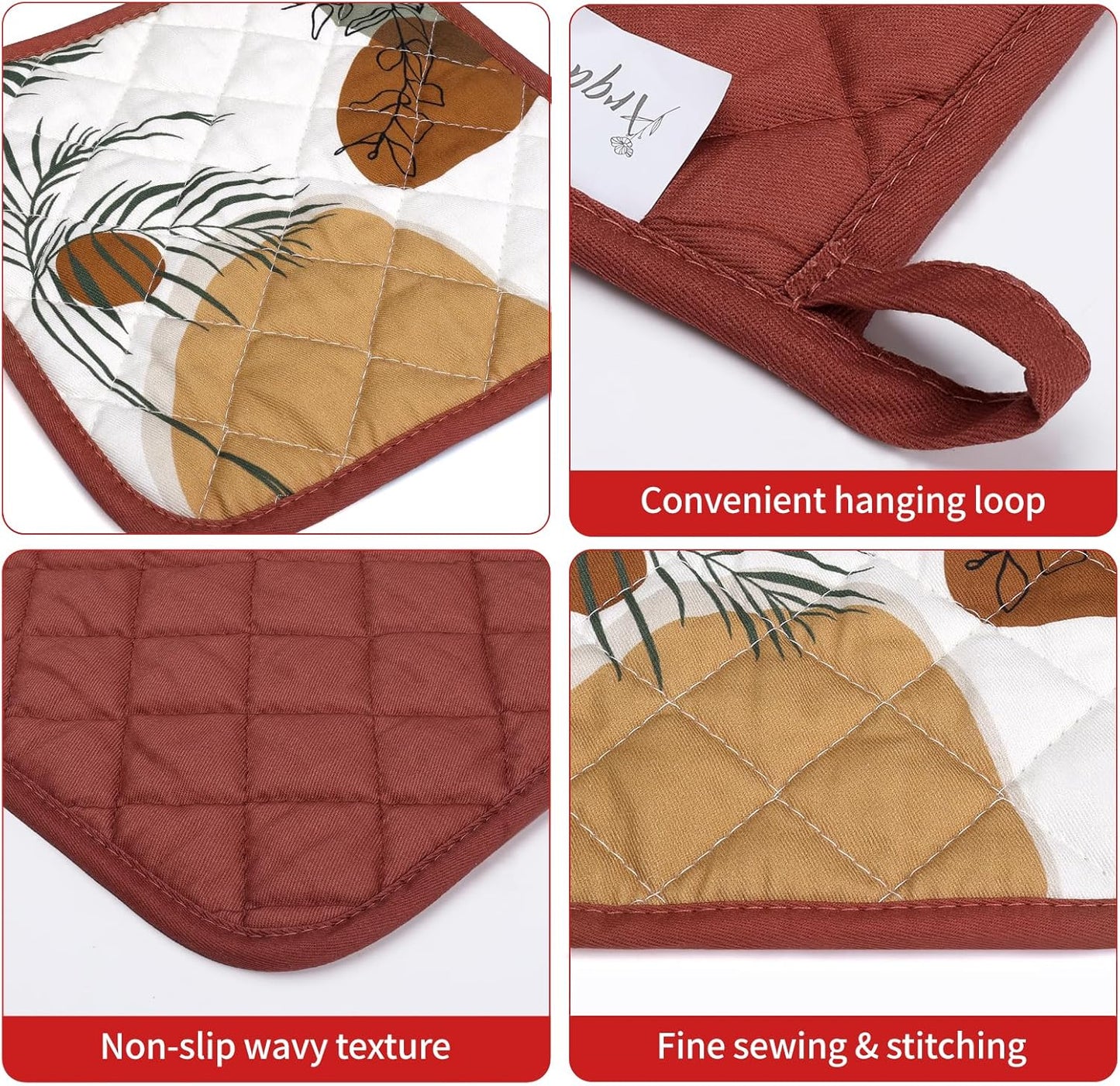 Boho Leaf Oven Mitts and Pot Holders Sets 2Pcs, 100% Cotton Heat Resistant, Vintage Extra Long Oven Gloves Potholder for Kitchen Cooking Baking Decoration