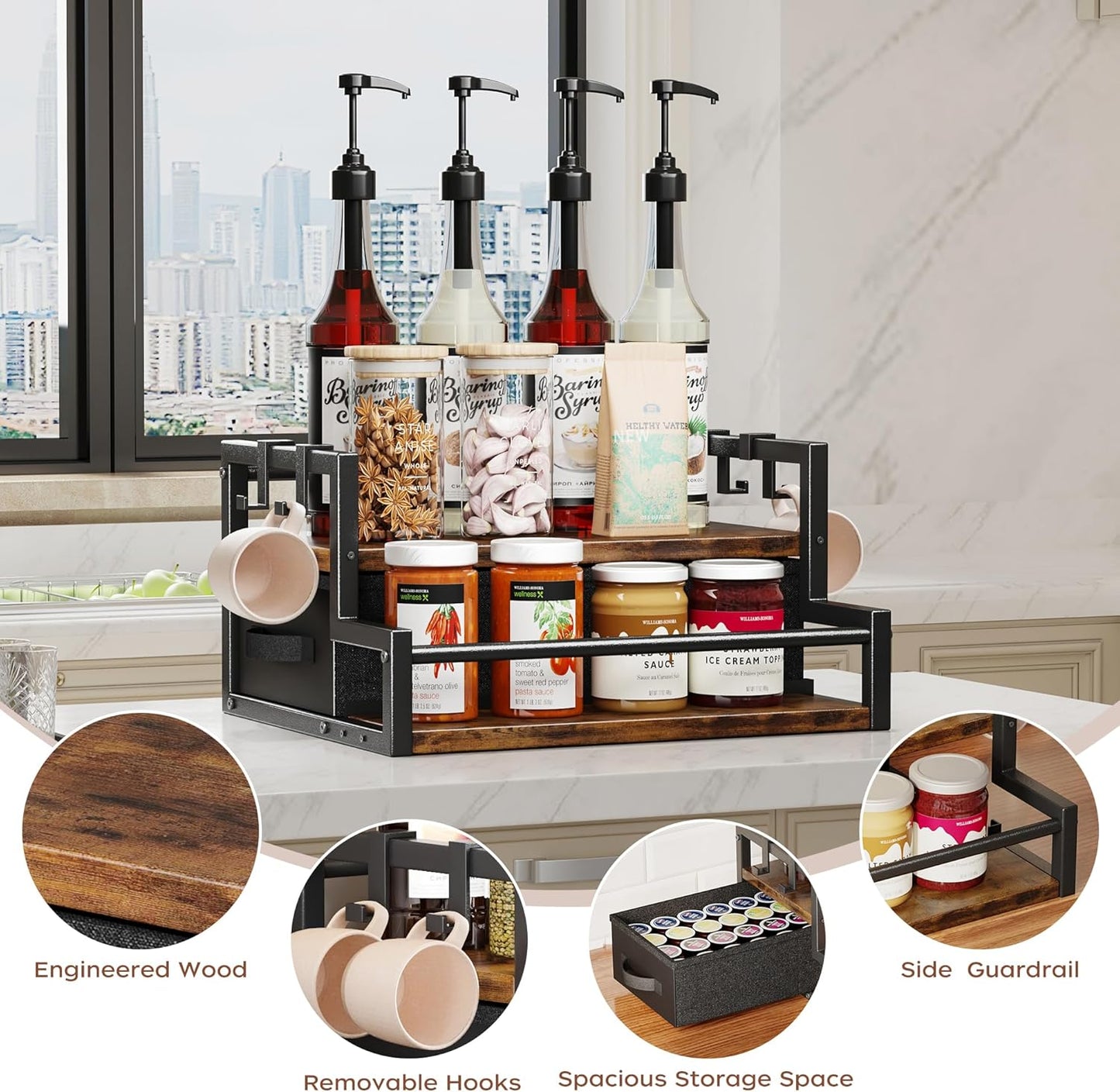 Coffee Syrup Organizer Rack, 2-Tier Coffee Bar Accessories, Bottle Holder Stand with K Cup Storage Drawer for Coffee bar, Wine Rack, Storage Shelves for Syrup. (Rustic Brown)