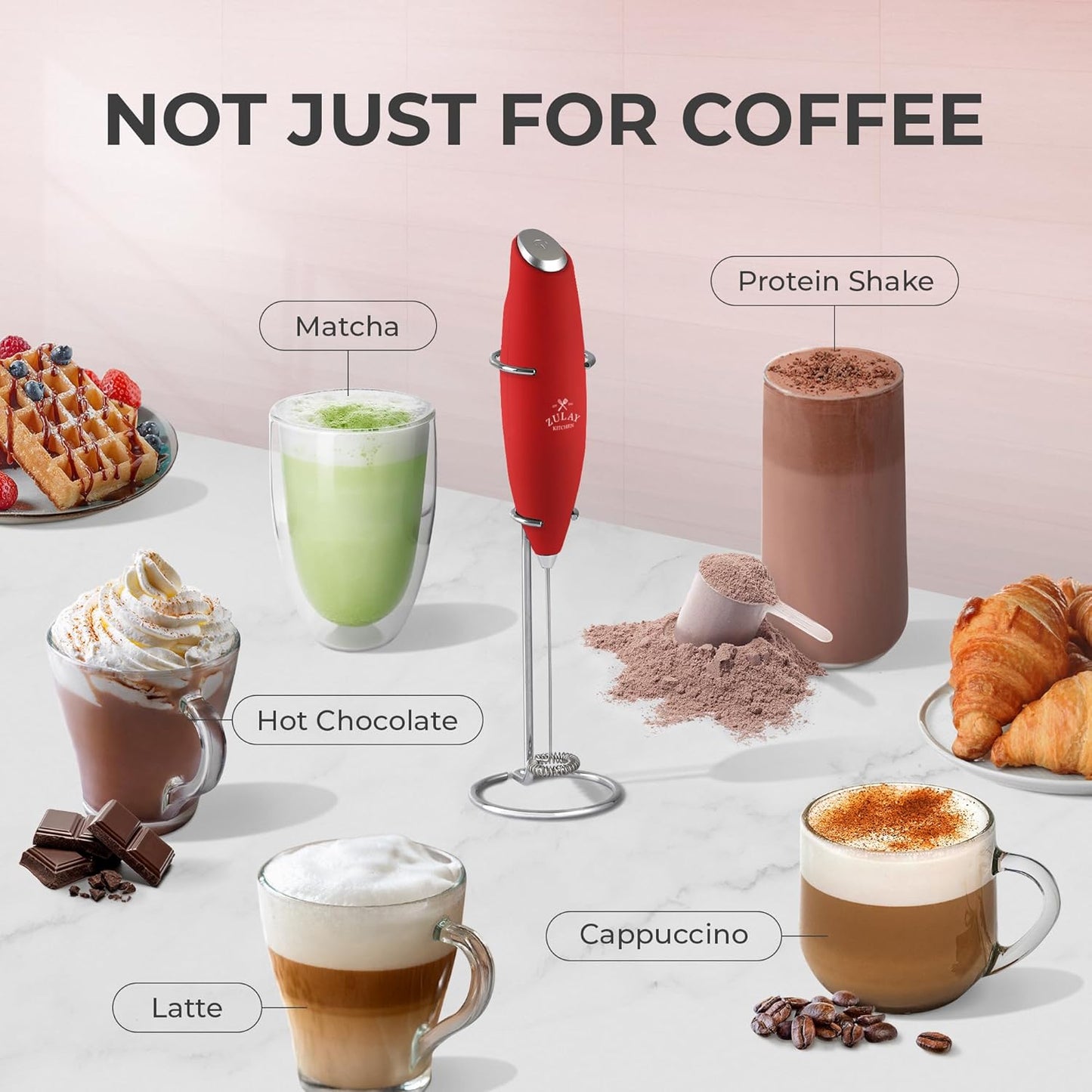 Zulay Kitchen Powerful Milk Frother Wand With 4 AA Duracell Batteries - Ultra Fast Handheld Drink Mixer - Electric Whisk Foam Maker for Coffee, Lattes, Cappuccino, Matcha & Creamer -