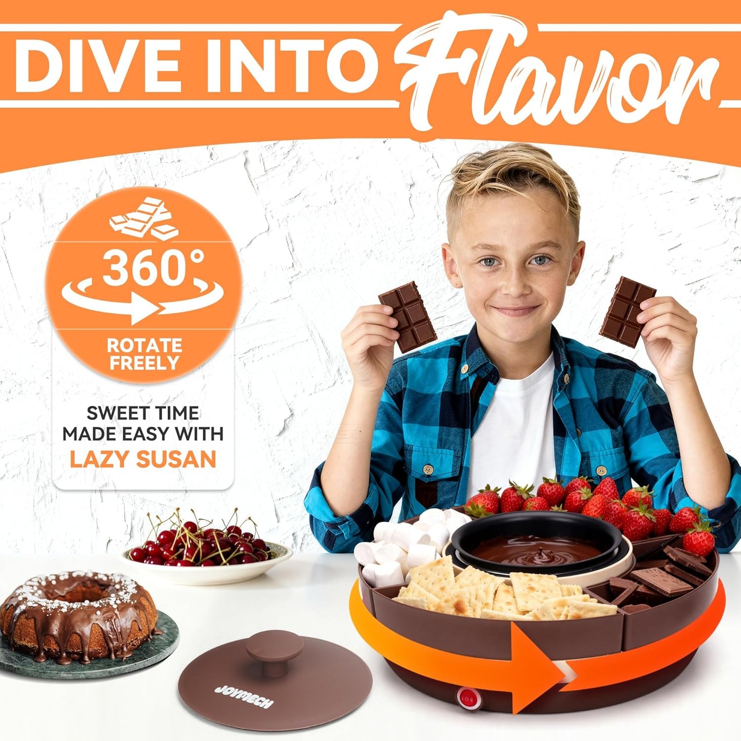 Cheese & Chocolate Fondue Machine, Candy Melting Pot for Party, Electric Fondue Pot Set, Chocolate Warmer, Hot Chocolate Maker, 4-Section Food Tray, Brown