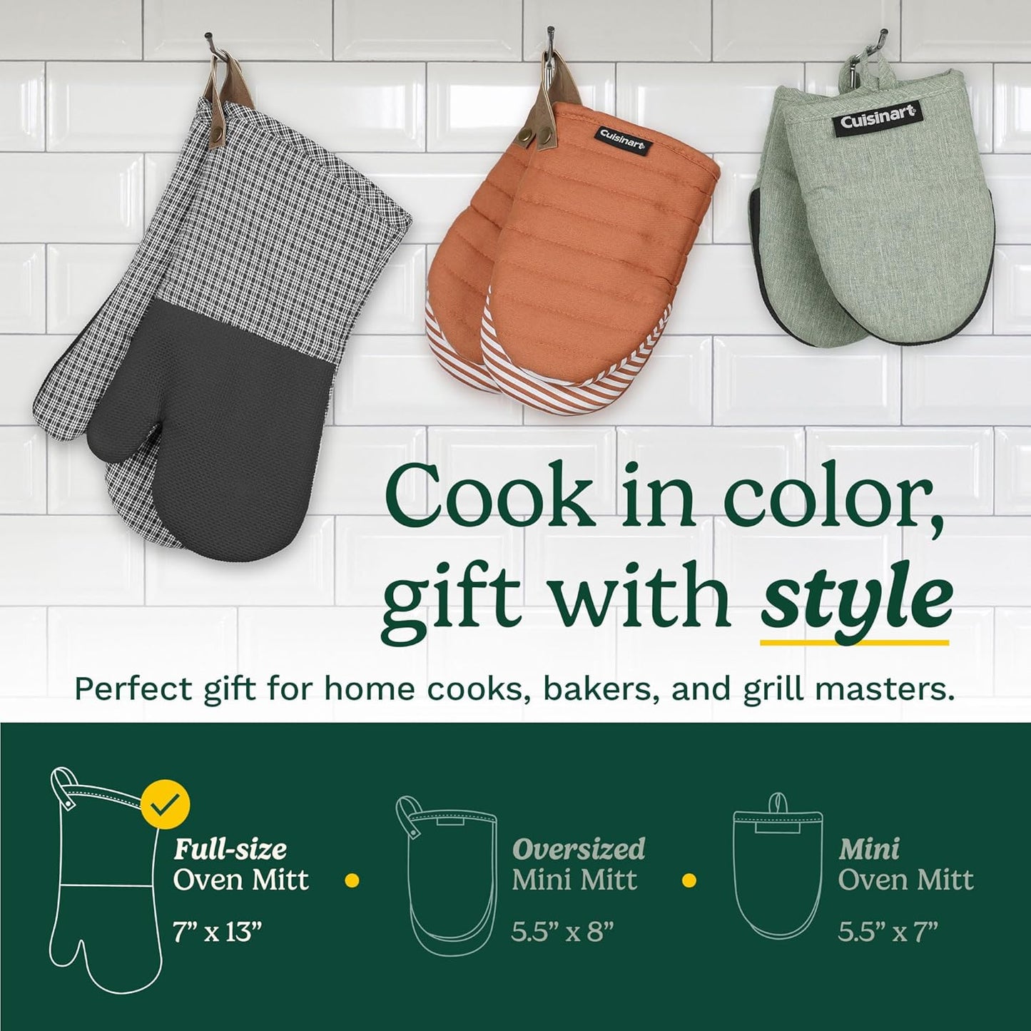 Cuisinart Heritage Kitchen Oven Mitts – Heat-Resistant Kitchen Mitts for Oven with Non-Slip Neoprene Palm, Long Cuff, and Cotton Filling – Durable Oven Gloves (Textured Gray)