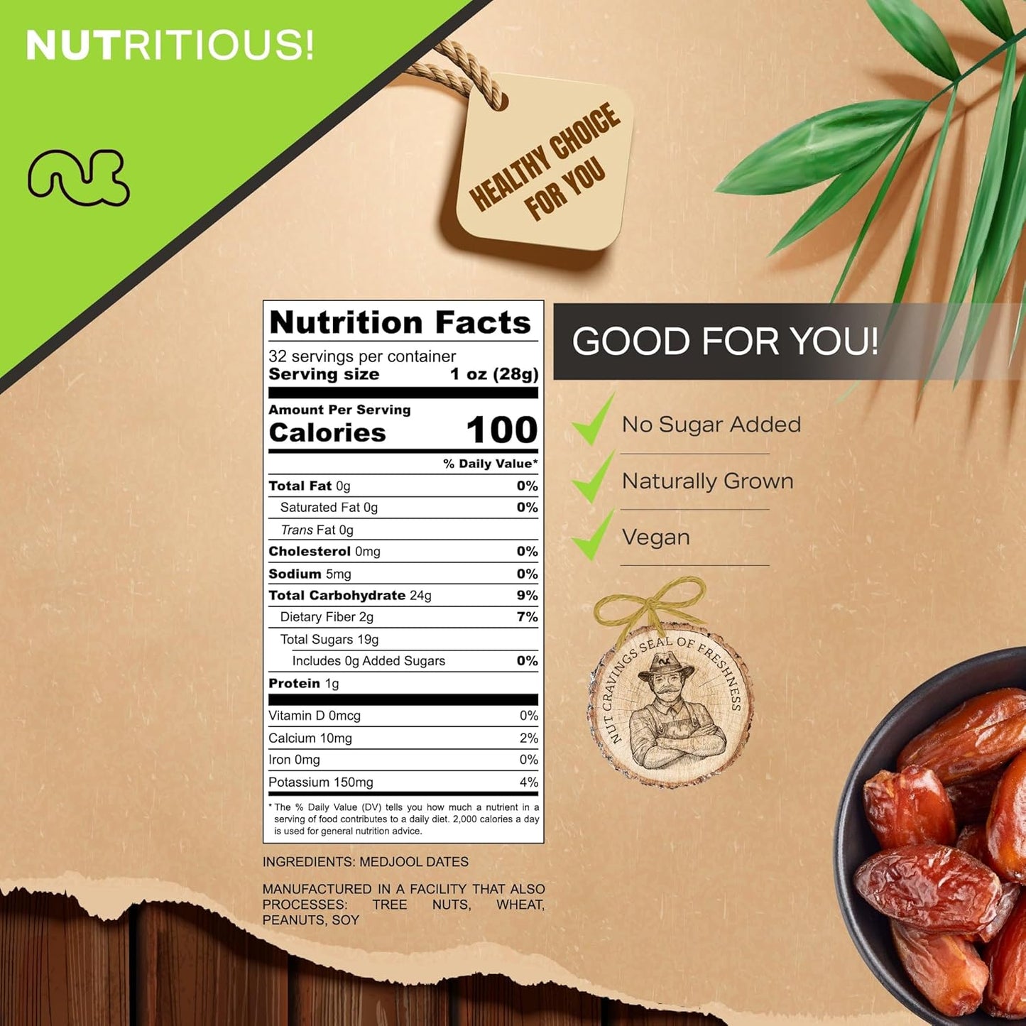 NUT CRAVINGS - Sun Dried Jumbo Medjool Dates, No Sugar Added (32oz, 2 LB) Bulk Dry Fruits Packed Fresh in Resealable Bag - Sweet Healthy Snack, Naturally Grown, Vegan, Kosher