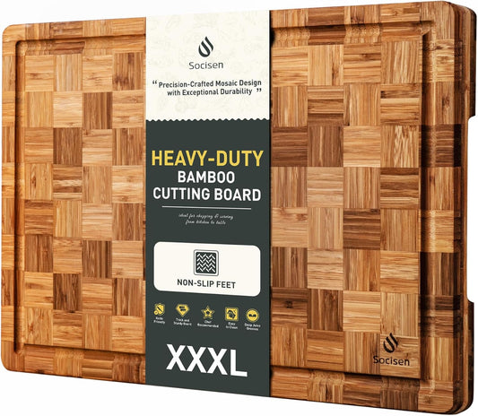 Extra Large Bamboo Cutting Board with Non Slip Feet and Over Sink Butcher Block Chopping Board Nice Solid Thick Wooden Juice Groove Big Xl XXl xlarge Best Hardwood Kitchen Counter Organic
