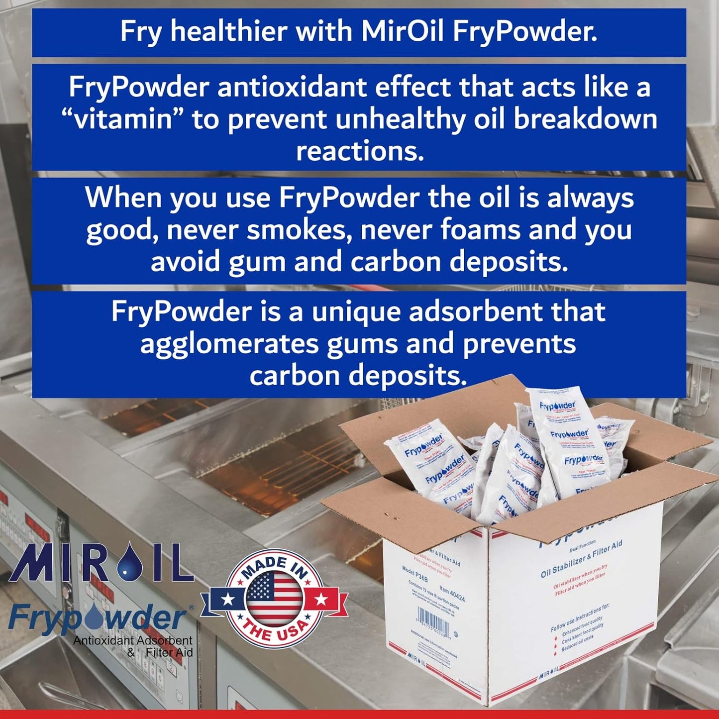 MirOil P46C Fry Powder Oil Stabilizer and Filter Aid, 46 x Size C Portion Pack(160ML Each) Fry Powder, Food Centers Cook Hotter, Deep Fryer Cooking Oil Saver Helps Save Grease & Remove Carbon Deposits