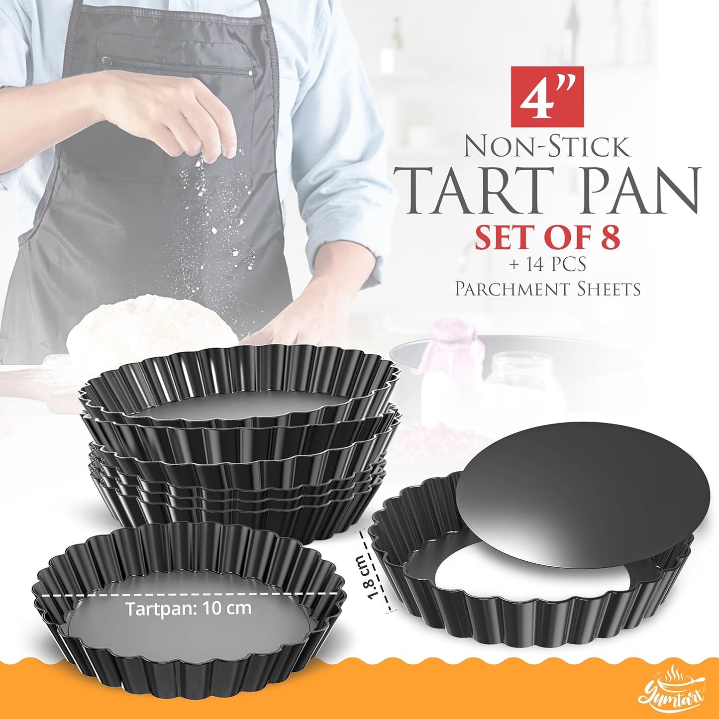 4 Inch Round Tart Pan 8 Pieces, False Bottom Pie Pan, Deep Fluted Tart and Quiche Pan with Removable Bottom - Non-Stick Tart Pan
