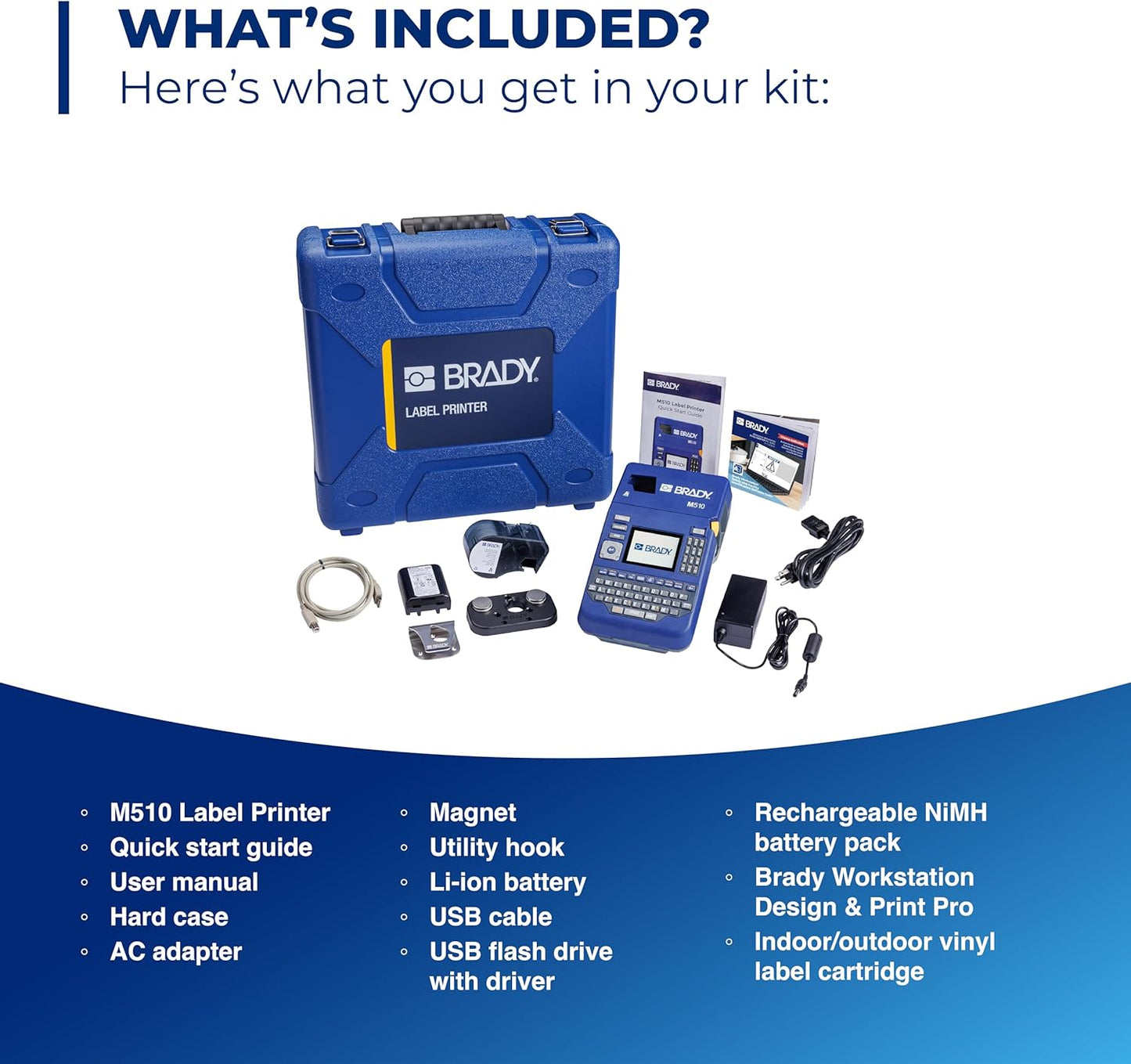 Brady M510 Portable Industrial Label Printer Kit with Safety and Facility ID Software, Carrying Case, Label Cartridge, Rechargeable Battery and Charger, 3.75" H x 5.75" W x 10" D