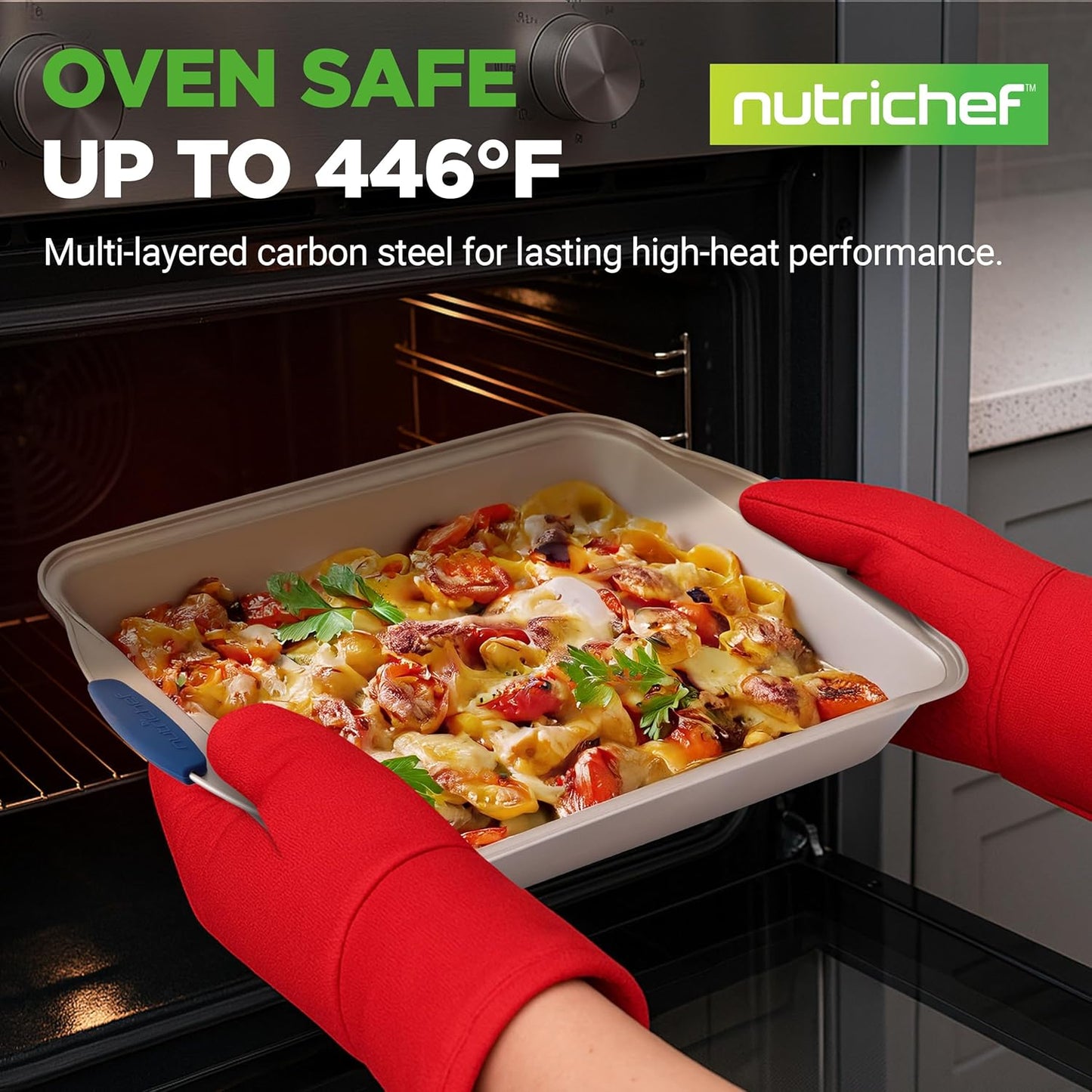 NutriChef 6-Piece Nonstick Bakeware Set - Premium Carbon Steel Baking Trays w/Heat-Safe Silicone Handles - Includes Loaf Pan, Muffin/Cupcake Pan, Round & Square Roaster Pans, Cookie Sheet - NCSBSG36