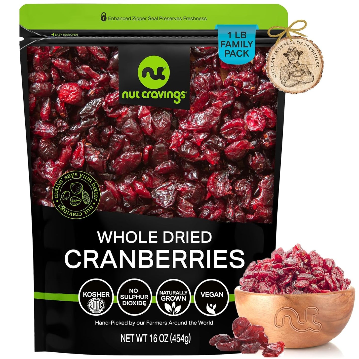 NUT CRAVINGS - Sun Dried Whole Cranberries, Lightly Sweetened (16oz, 1 LB) Bulk Dry Fruits Packed Fresh in Resealable Bag - Sweet Healthy Snack, Naturally Grown, Vegan, Kosher