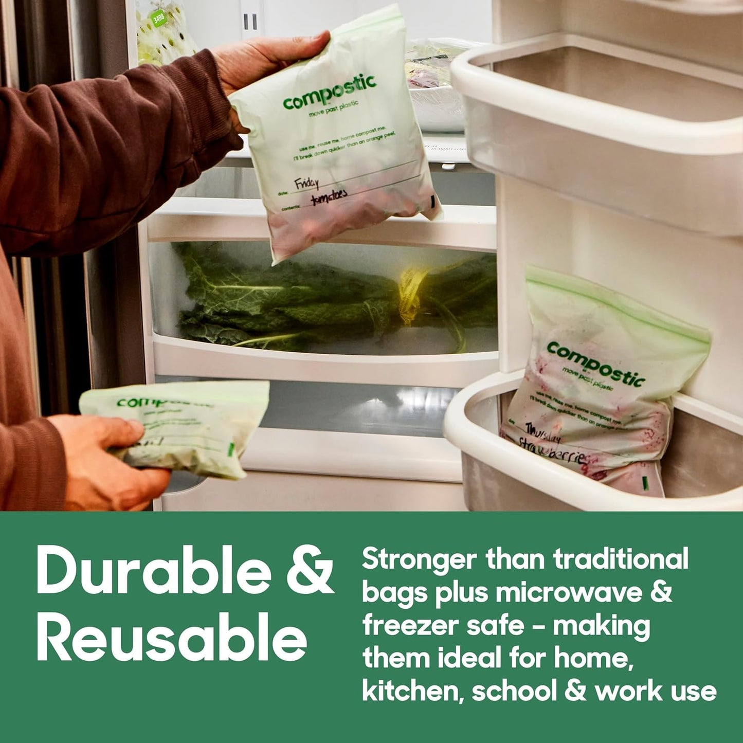 Compostic Home Compostable Resealable Snack Bags (6"x 3.5"), Microwave & Freezer Safe, Organic Food Storage Container, 100 Count (Pack of 2)