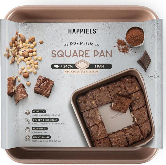 Nonstick 9x9 Baking Pan | PFOA & BPA Free Non Toxic 9 x 9 Inch Cake & Brownie Pan | Best Nontoxic Square 9x9 inches Pans for Baking | Non Stick Carbon Steel Gold Baking Ware