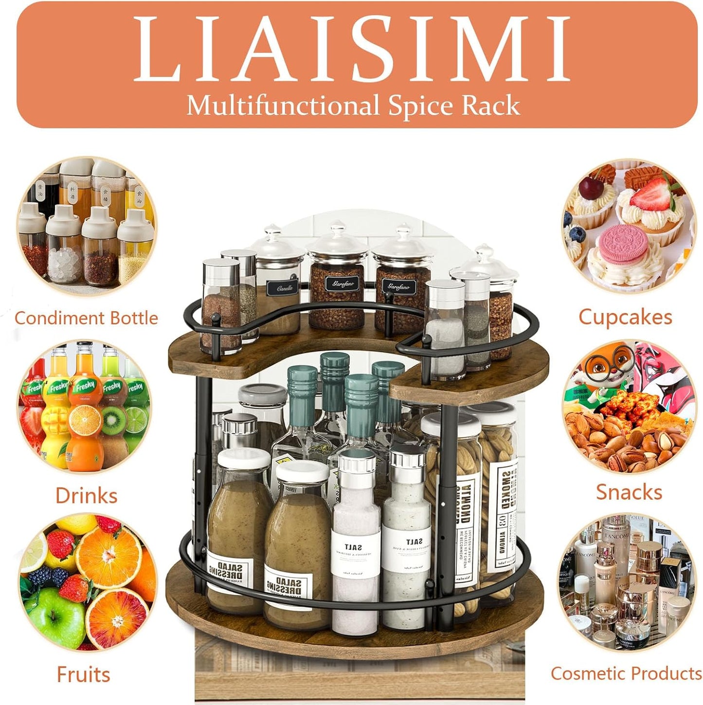 2 Tier Lazy Susan Organizer,2-Tier Spinning Spice Rack with Stable Carousel Base & 4 Height Settings for Cupboard Kitchen Countertop Dining Table Cupboard (Round)