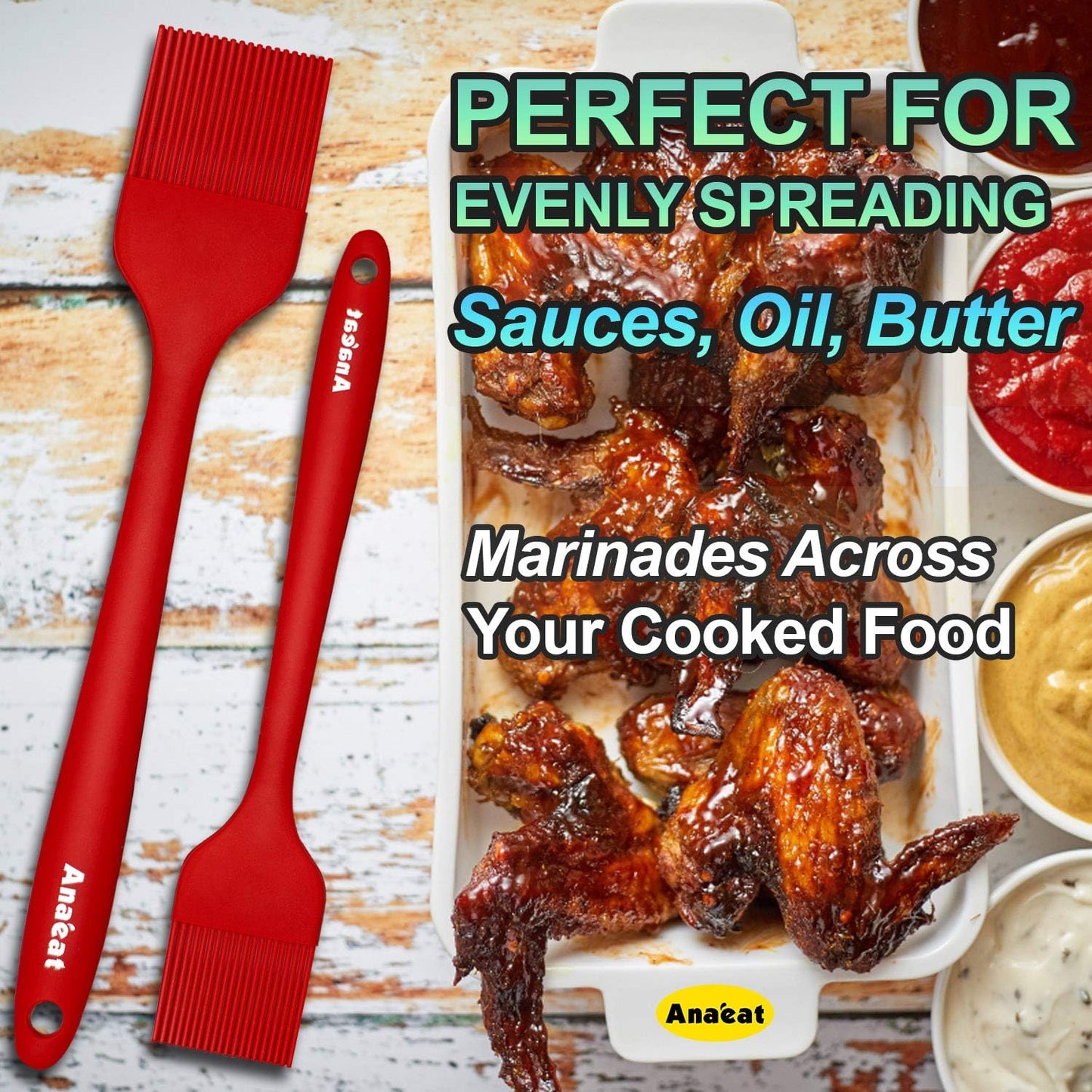 Anaeat High Heat Resistant Silicone Basting Pastry Brush Set of 2- Hygienic One-Pieces Design Spread Oil Butter for BBQ Grill Barbecue Baking Kitchen Cooking - BPA Free & Dishwasher Safe (10"+8.2")