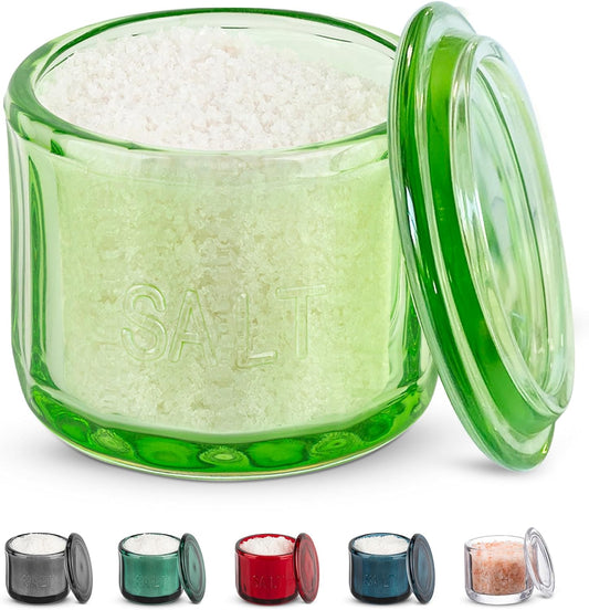 KooK Glass Salt Cellar, with Lid, Embossed Pressed Glass, Clear Storage Container, for Coffee, Sugar, Spices and Candies, 10 oz (Lime Green)