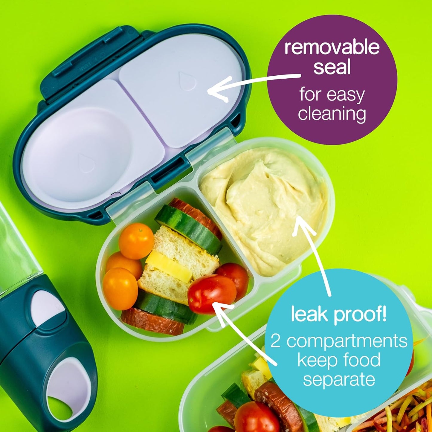 b.box Snack Box (2-pack) Reusable Snack Containers with Lids – Bento Box for Kids & Toddlers, Leakproof Lunch Box, BPA-Free and Dishwasher Safe Snack Container (O'Breeze + Blue Slate, 1 3/4 Cup)