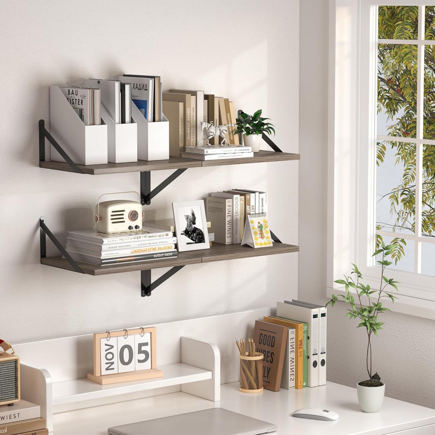 Heimlove Deep Floating Shelves for Wall, 16W x 12D Rustic Grey Wood Wall Shelves Set of 2, Large Floating Shelf for Living Room, Kitchen, Office, Bedroom and Decor Storage, with Metal Bracket - Grey