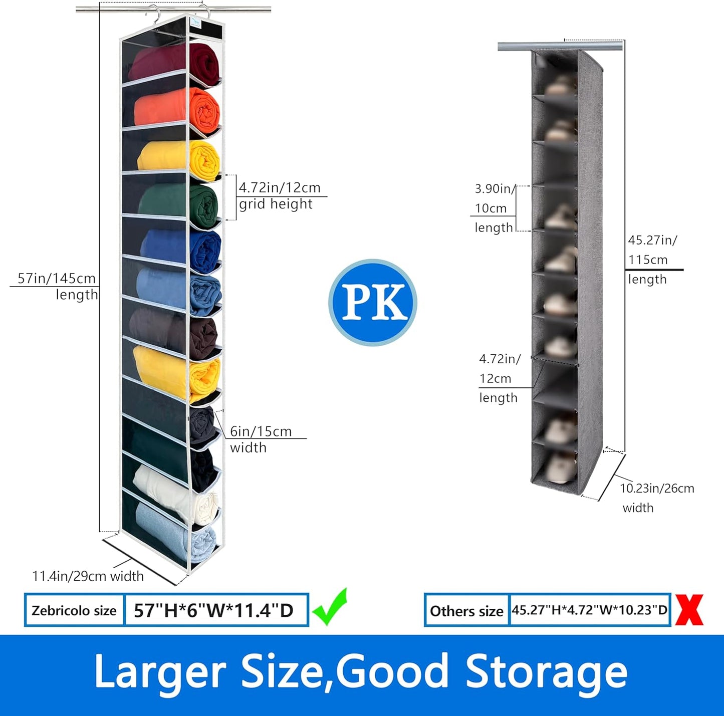 Closet Organization,12 Section, Hanging Closet Organizer, Space Saving, College Dorm Essentials for Girls, Heavy dutys Hooks Up to 45 Pounds, Clothes Storage,Closet Organizer,Black/White