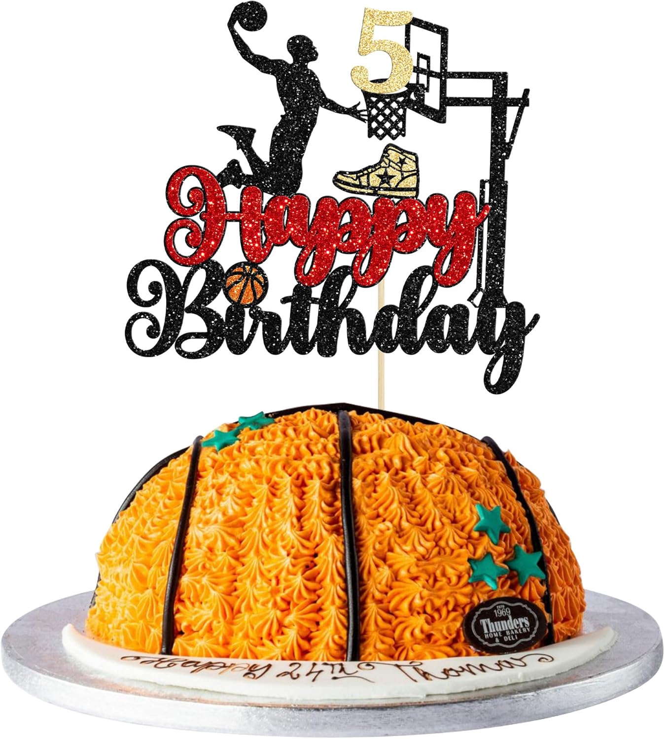1Pc 5th Birthday Basketball Cake Topper Glitter Basketball Sports Theme Cake Pick for Baby Shower 5th Birthday Cake Decorations Party Supplies Black