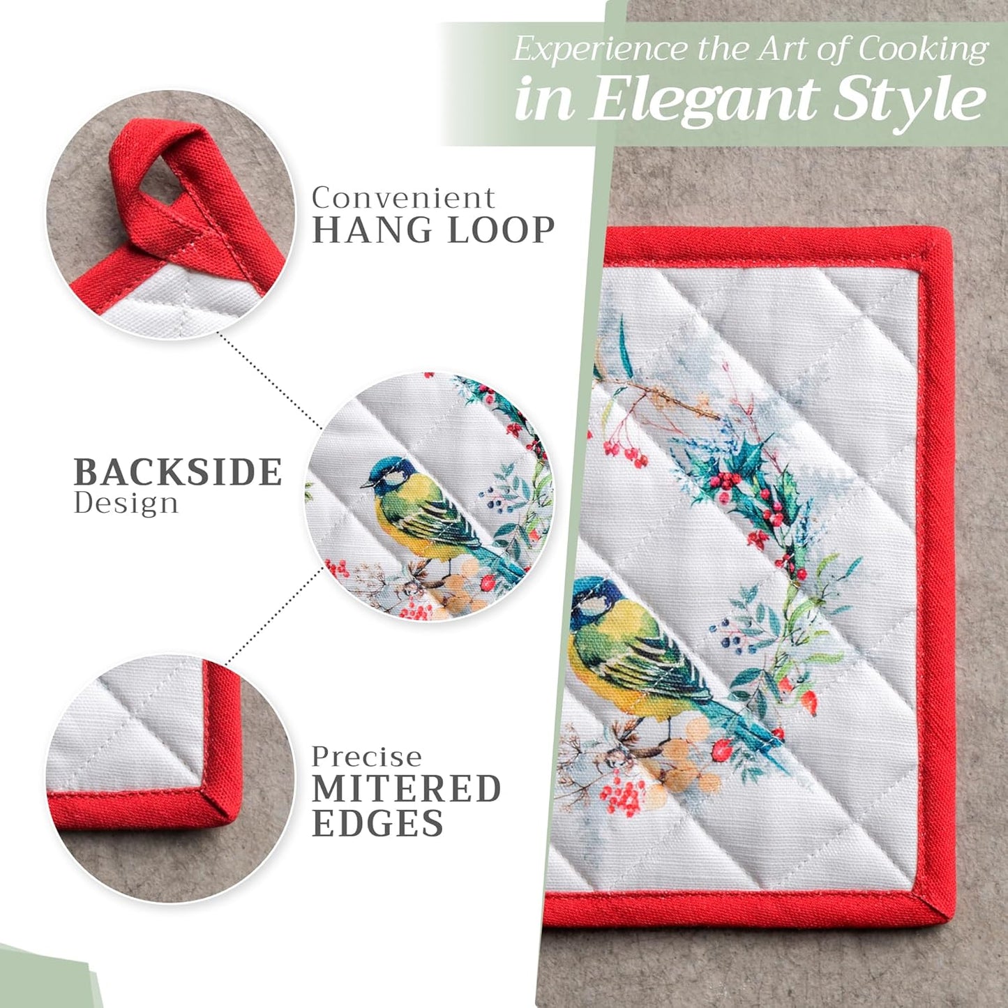 Maison d' Hermine Pot Holders Set 100% Cotton Heat Resistant Potholders 8" x 8" Hot Pads with Loop BBQ, Cooking, Baking, Grilling, Kitchen, Handling Hot Pans (Pack of 2, Morzine)