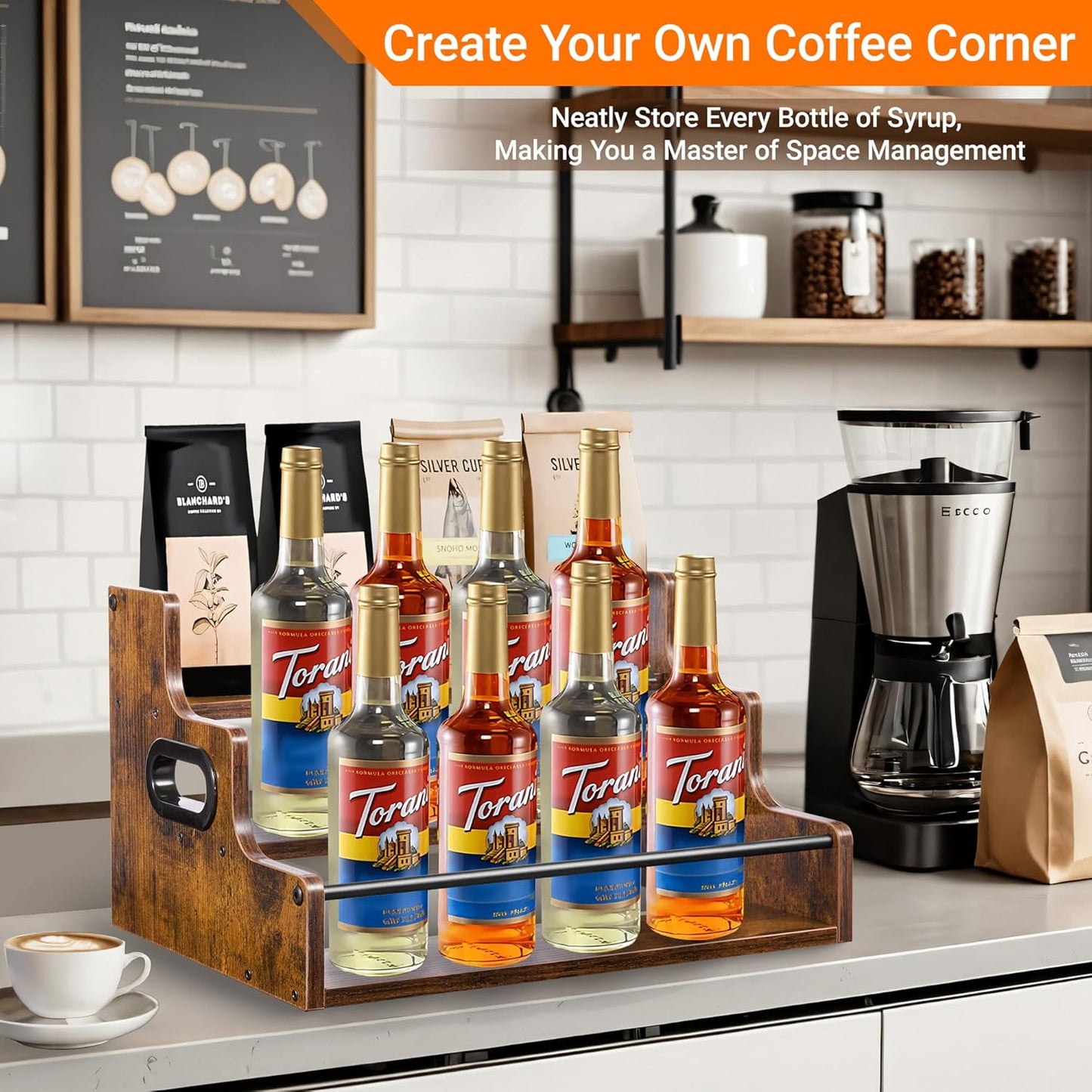 3-Tier Liquor Bottle Display Shelf - Holds up to 12 Bottles, Rustic Wood Bar Shelves for The Home Bar, Countertop Whiskey and Bourbon Organizer with Anti-Slip Pads