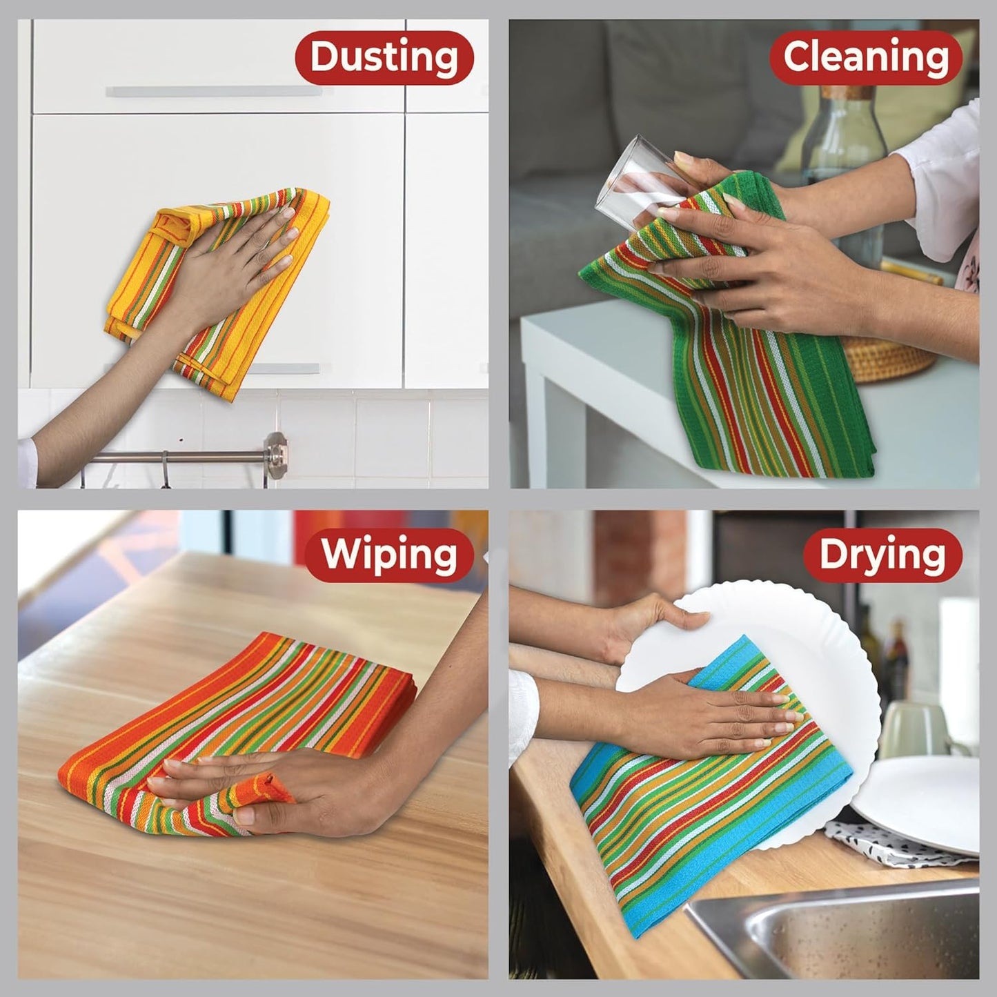 Urban Villa Salsa Stripe Kitchen Towels 100% Cotton Dish Towels for Kitchen Multi Color Highly Absorbent Multi-Purpose Waffle Dish Cloths for Cleaning Soft Hand Bar Towels 20x30 Inches (Set of 12)