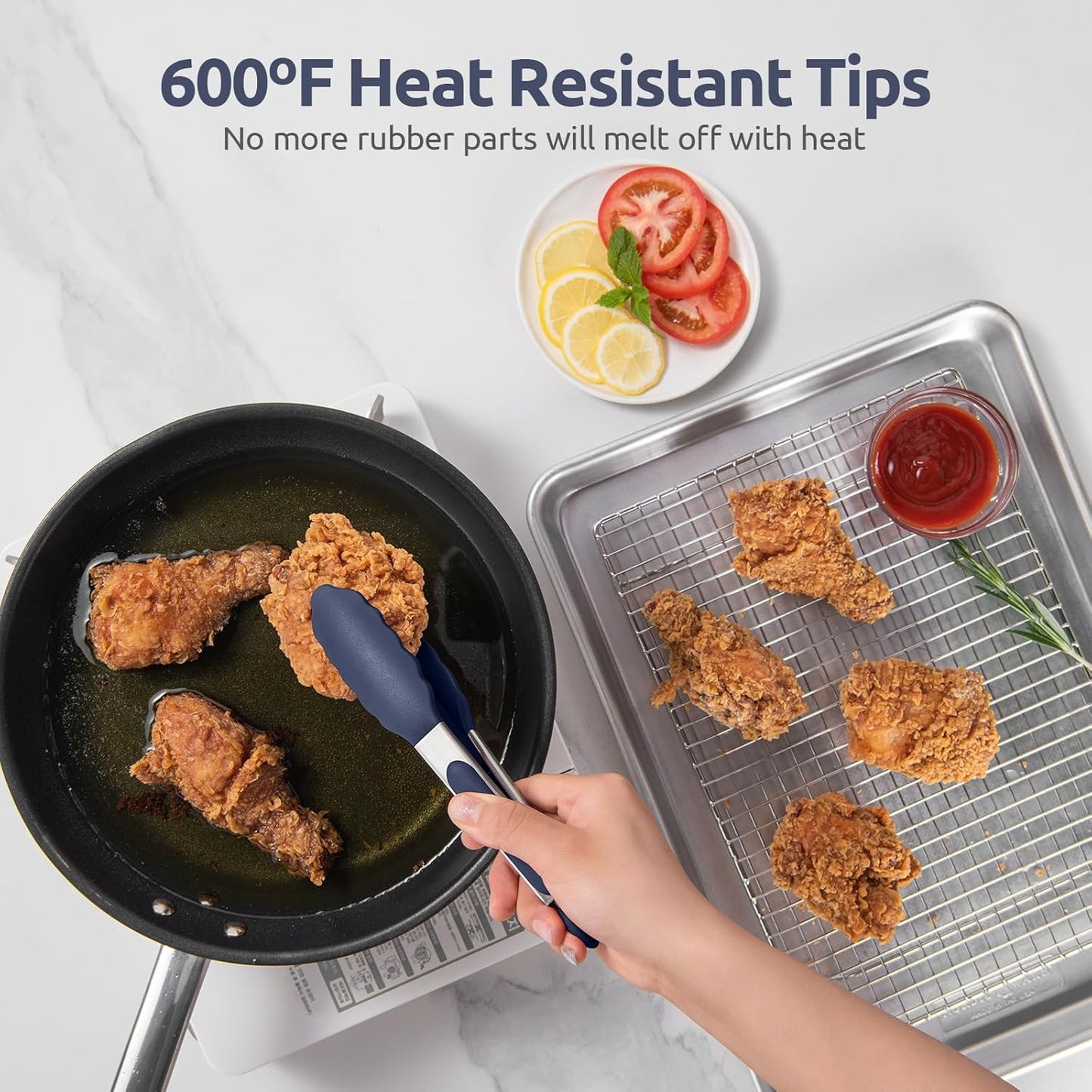 600ºF Heat Proof Kitchen Tong: U-Taste 7" Silicone Cooking Tong with Firm Sealed Non Stick Rubber Tips & Silicon Coated 18/8 Stainless Steel Handle & Smooth Locking for Serving Salad (Midnight Blue)