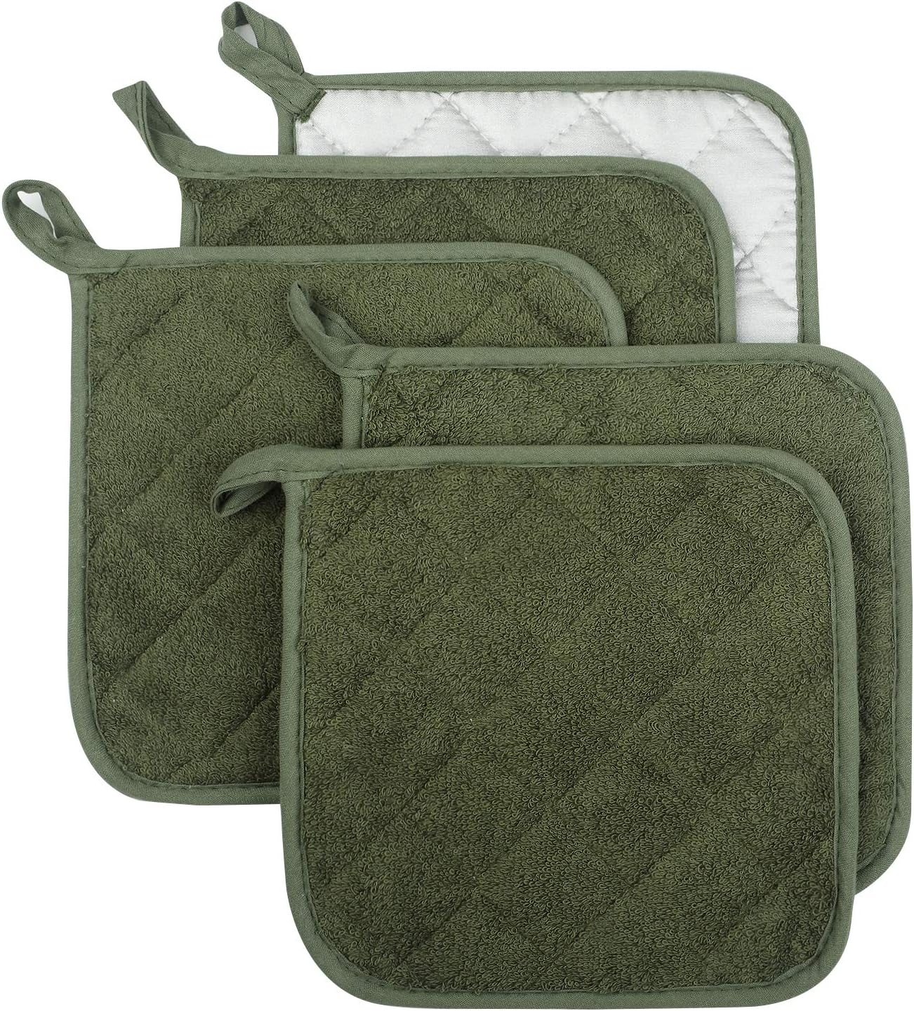 100% Cotton Kitchen Everyday Basic Terry Pot Holder Heat Resistant Coaster Potholder for Cooking and Baking Set of 5 Olive Green