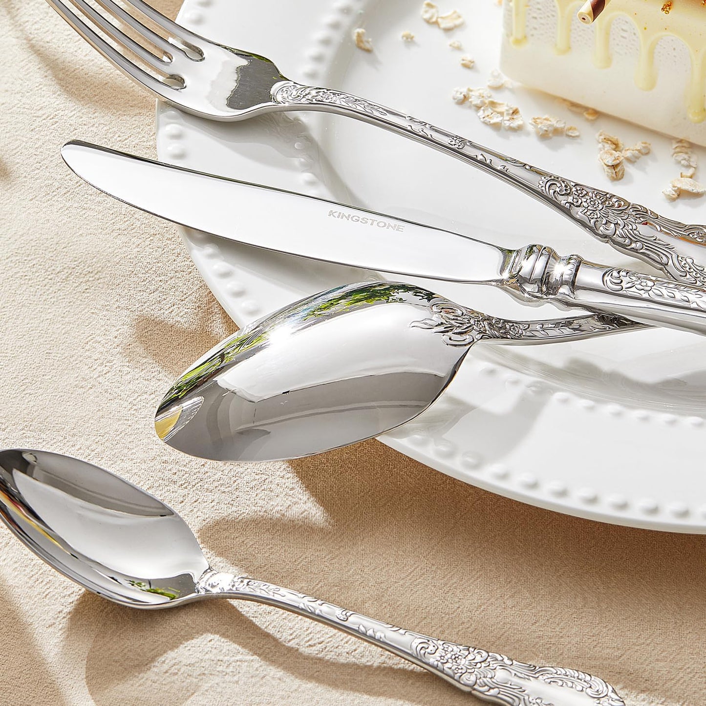 KINGSTONE Vintage Carved Silverware Set, 5-Piece 18/10 Stainless Steel Flatware Cutlery Set with Retro Royal Thick Handle, Tableware Utensils for Home, Restaurant, party, Wedding, Dishwasher Safe