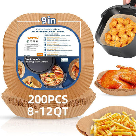 Air Fryer Paper Liners XXL for 8-12 Qt Airfryer, 200pcs 9-10 inch Square Thickened 50gsm Disposable Parchment Tray