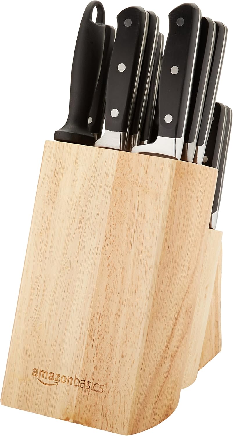 Amazon Basics 18 Pieces Premium High-Carbon Stainless Steel Blades with Pine Wood Knife Block Set,Kitchen, Black
