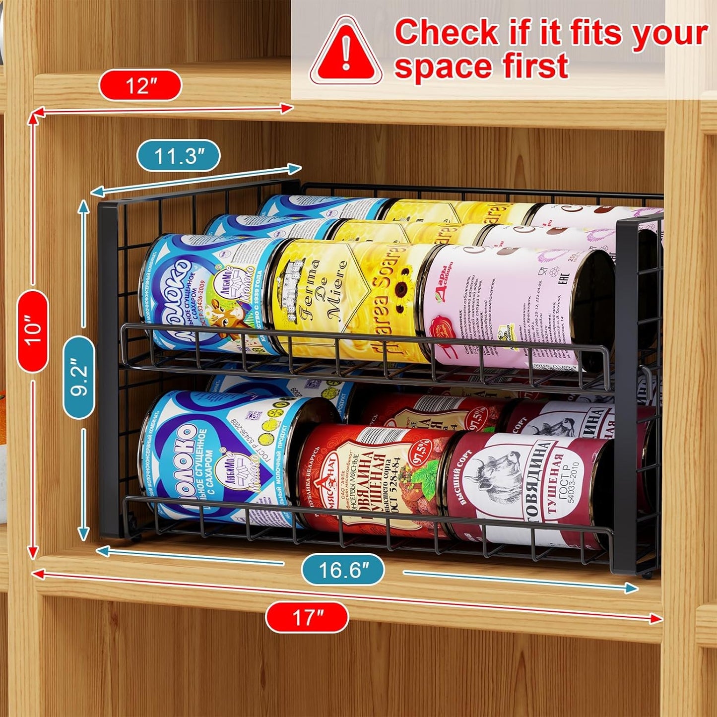 3-Pack Stackable Can Rack Organizer for Pantry, Adjustable Can Holder for Various Ounce of Cans up to 90, Rolling Can Dispenser for Canned Food Soup Goods Storage in Kitchen Cabniet, 2 Tier, Black