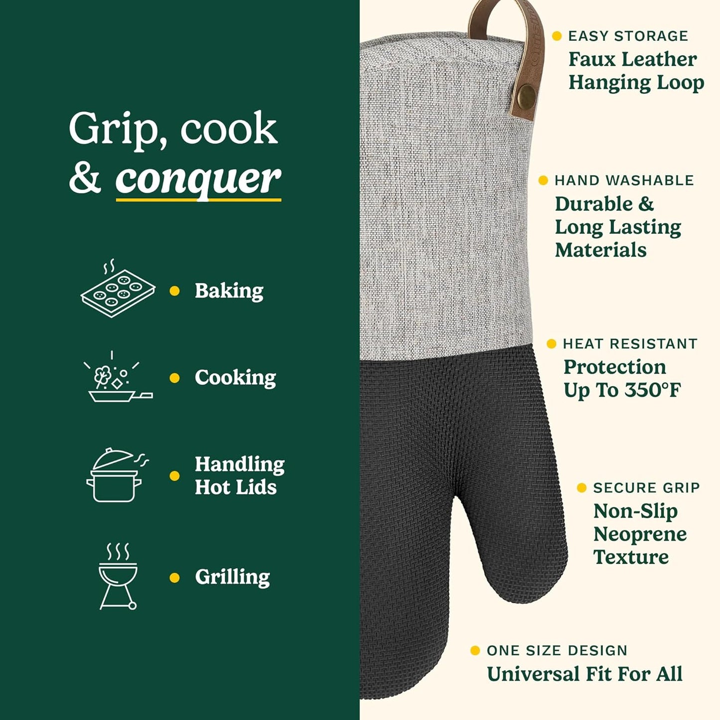 Cuisinart Heritage Kitchen Oven Mitts – Heat-Resistant Kitchen Mitts for Oven with Non-Slip Neoprene Palm, Long Cuff, and Cotton Filling – Durable Oven Gloves (Textured Gray)