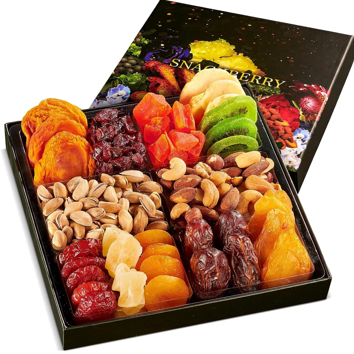 Dried Fruit & Nuts Gift Basket Arrangement Platter, Gourmet Food Snack Box, For Christmas, New Years, Birthday Care Package, Healthy Kosher - Her Him - 12 Snackberry Assortment (3-Pack)