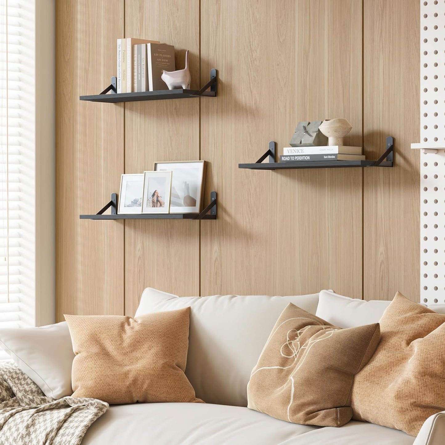 YGEOMER 16.5 Inch Floating Shelves for Wall, Farmhouse Wall Shelves for Bedroom, Bathroom Storage, Living Room and Kitchen Decor (Set of 6 Black)