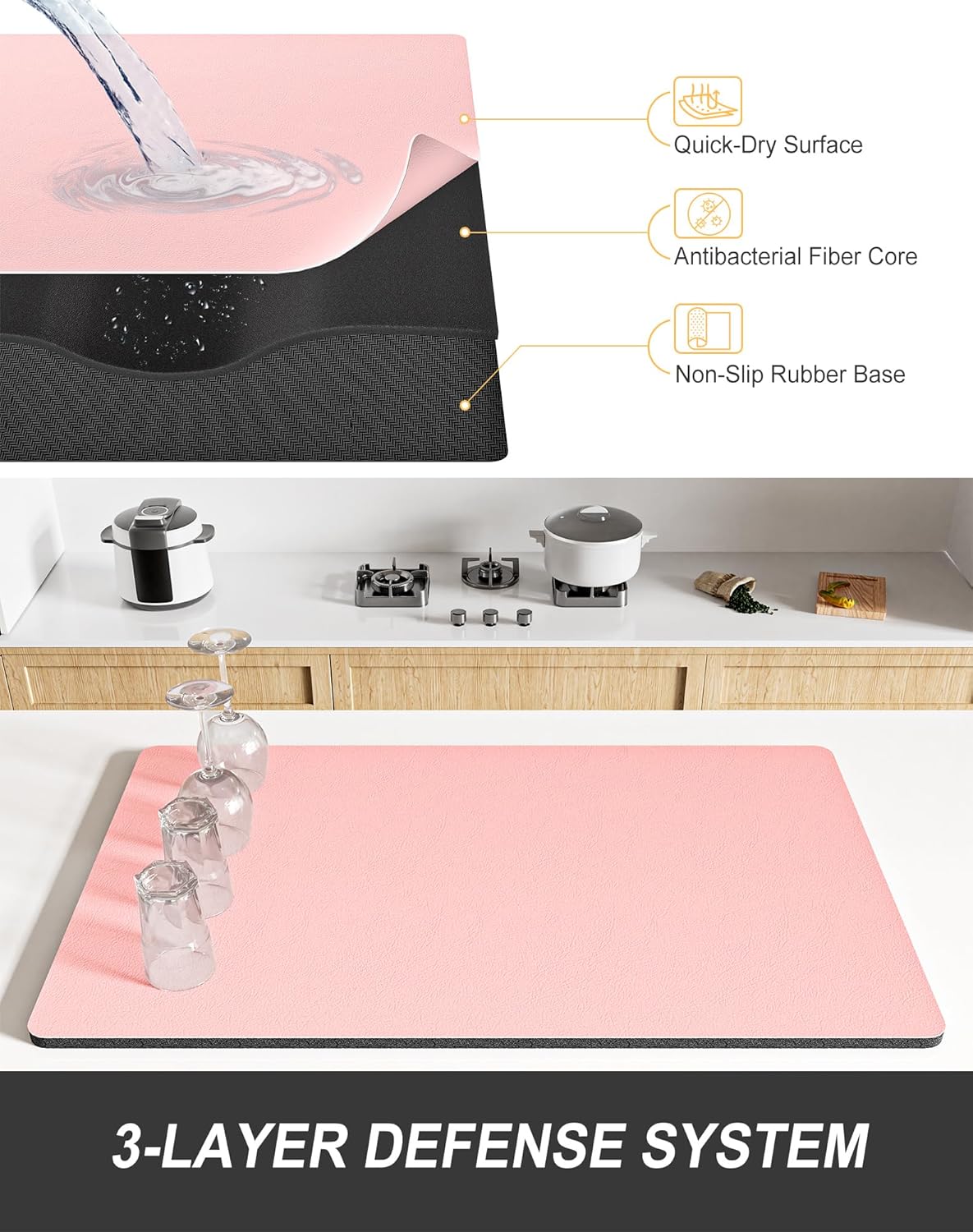 Rnivvi Dish Drying Mat for Kitchen Counter, XL 15 x 24" Super Absorbent Drainer Pad Easy Clean Dish Rack Pad, Non-Slip Heat Resistant Coffee Bar Mat for Coffee Machine Station Accessories Decor, Pink