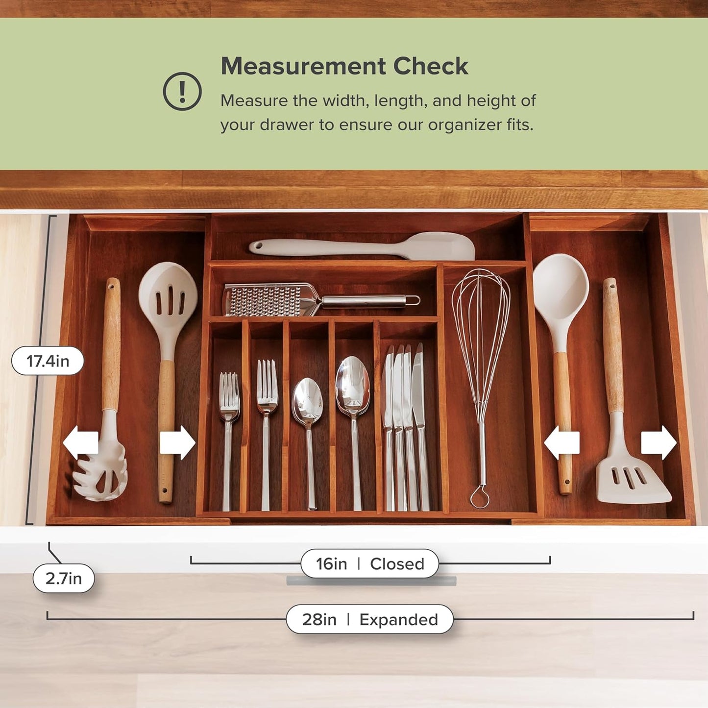 KitchenEdge Premium Silverware, Flatware and Utensil Organizer for Kitchen Drawers, Food-Safe Contract Grade, Expandable from 16 to 28 In, Natural Acacia