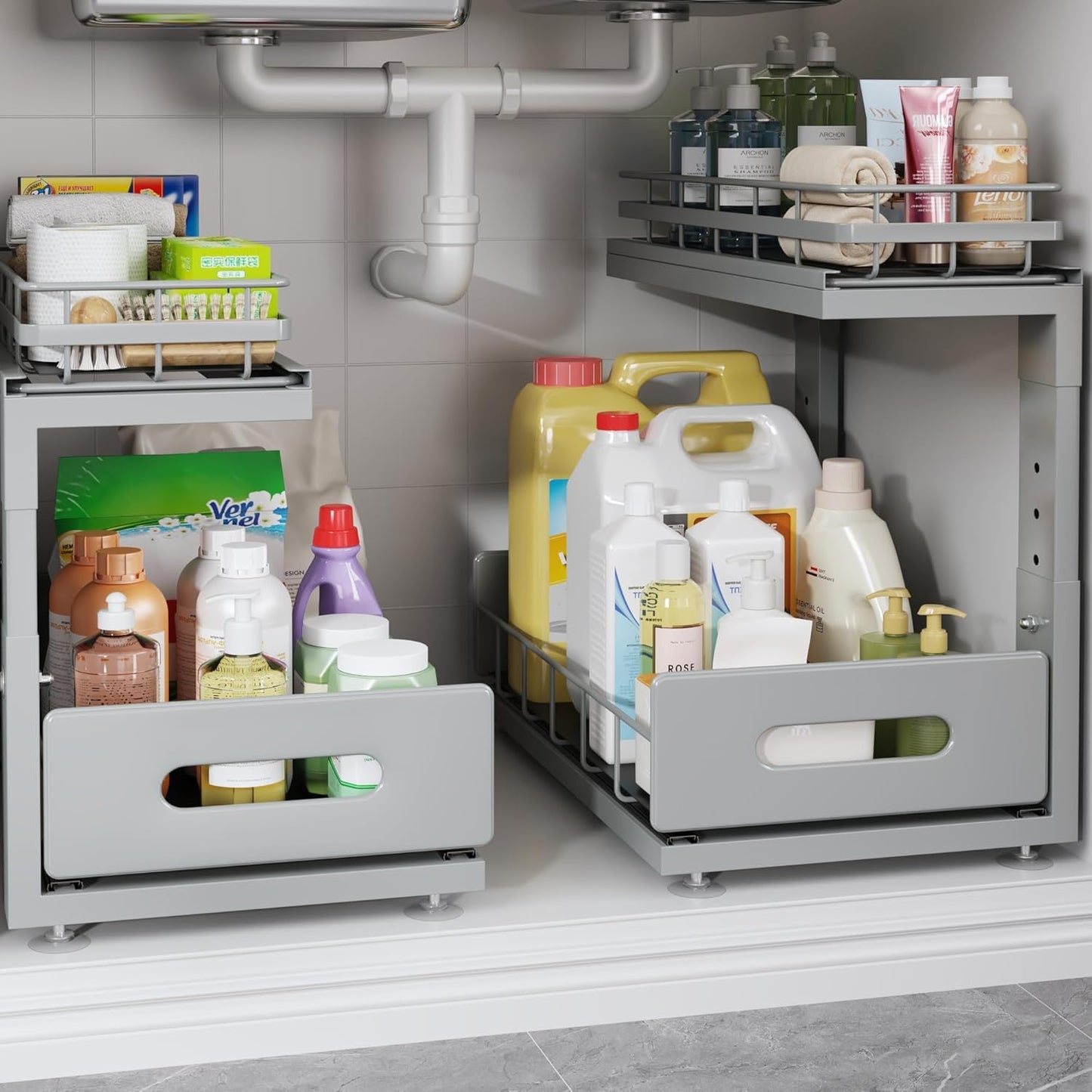 2 Pack Under Sink Organizer Upgrade to Professional Rails,2-Tier Dual Pull Out Cabinet Storage,Height Adjustable Slide Out Drawers for Bathroom Kitchen,Under Sink Shelf-Gun Gray