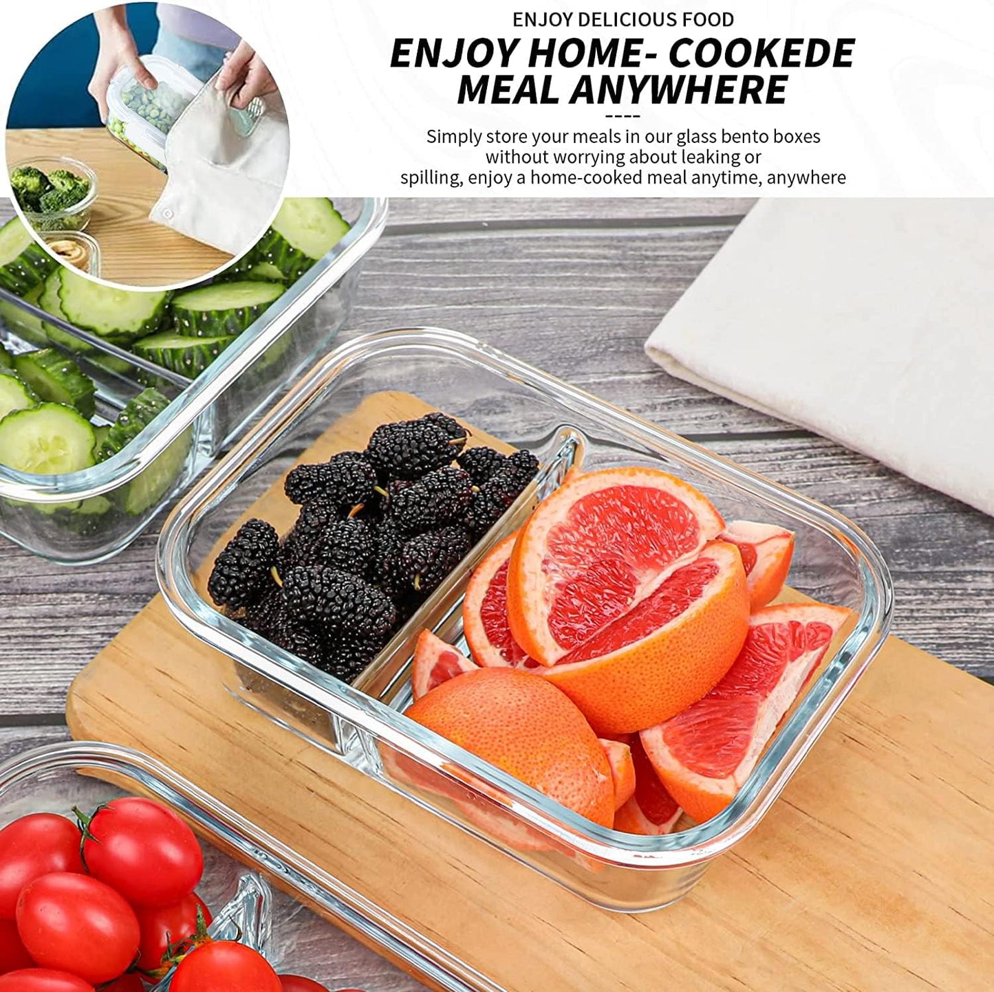 KOMUEE 10 Packs 30oz Glass Meal Prep Containers 2 Compartments,Glass Food Storage Containers with Lids,Airtight Lunch Bento Boxes,Oven,Freezer and Dishwasher Safe, White