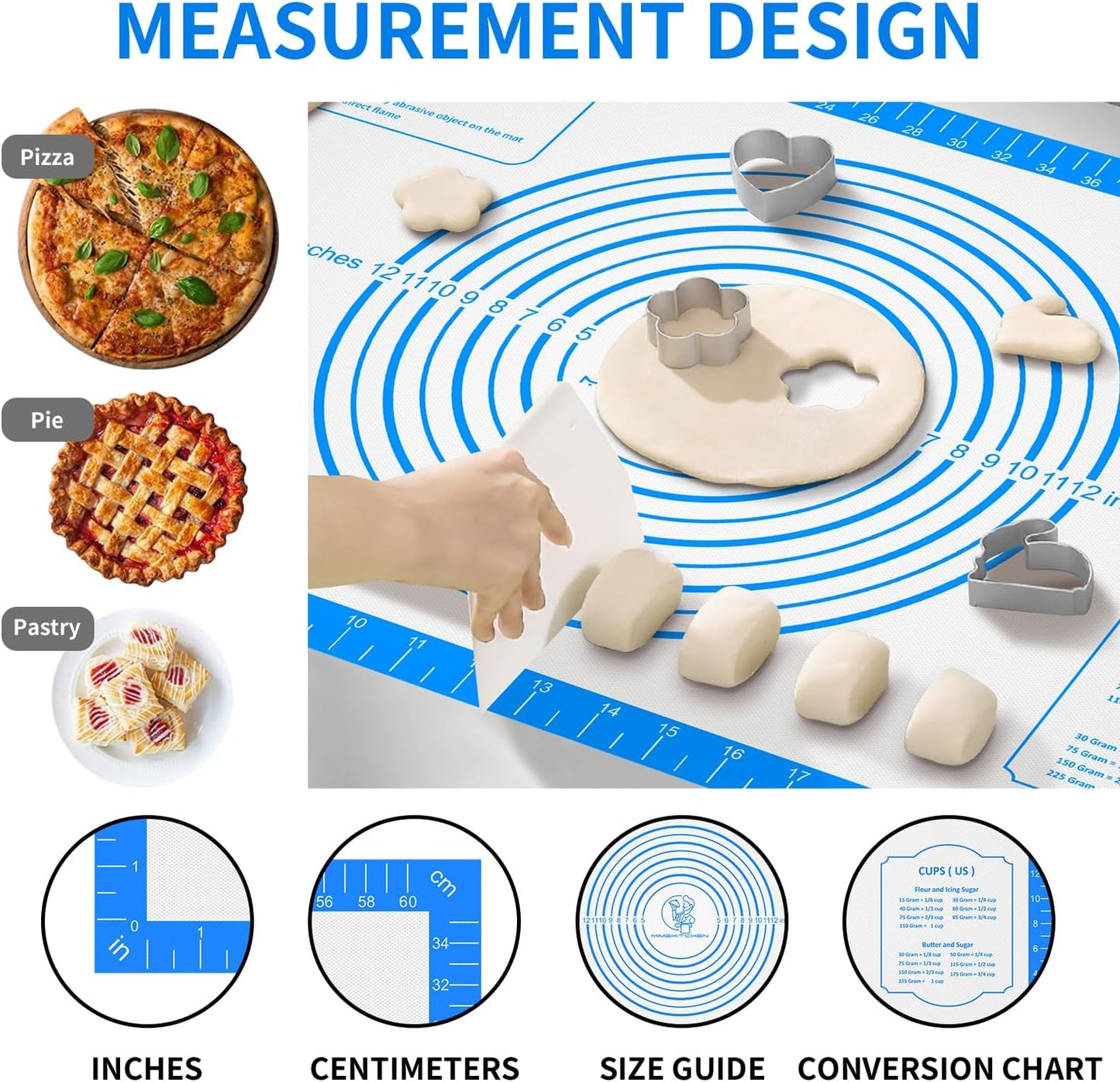 Pastrty Mat for Dough Rolling, Silicone Baking Mat with Measurement, Fondant Mat for Making Cookies Macarons Bread Pizza Oven Mat, Silicone Mat for Baking
