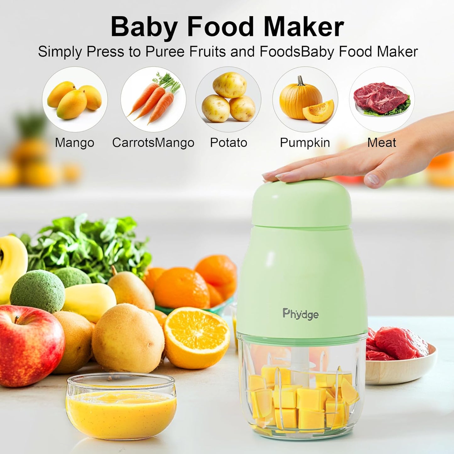 Baby Food Maker-Upgrade, Phydge Baby Food Blender with Baby Food Containers, Silicone Spoons, Easy to Clean, 10oz Baby Food Processor for Fruit, Vegetable, Meat
