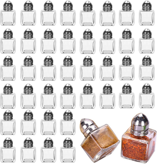 100 Pack Mini Salt and Pepper Shakers, 0.5 OZ Bulk Clear Glass Seasoning Jars Spice Shaker, Small Cube Glass Spice Shaker Container with Stainless Steel Lid for Kitchen Restaurant Supplies