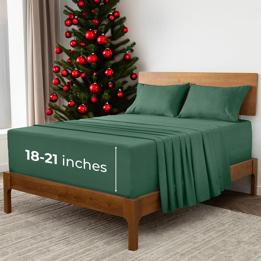 Mellanni Extra Deep Split King Sheets - 5 PC Iconic Collection Bedding - Hotel Luxury, Ultra Soft, Cooling Bed Sheets - Wrinkle, Fade, Stain Resistant (Split King, Emerald Green)