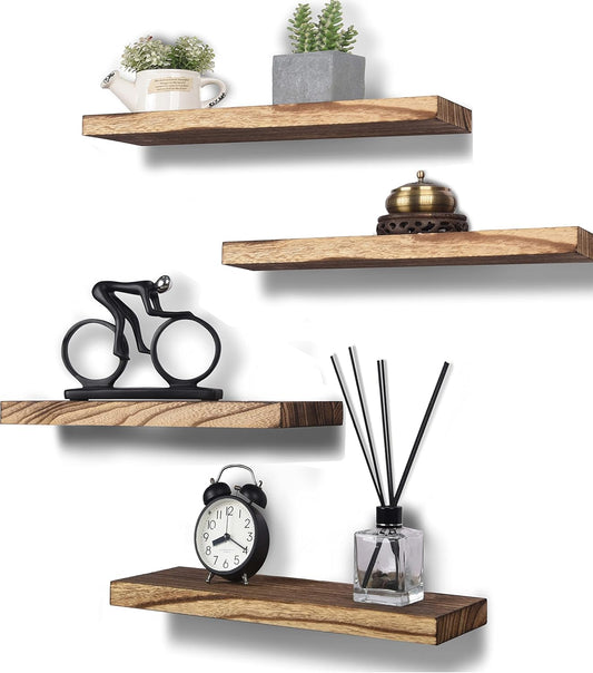 Wood Floating Shelves for Wall, Wooden Wall Shelves for Bedroom, Wall Mounted Shelves for Living Room, Set of 4 Light Brown 16 Inch