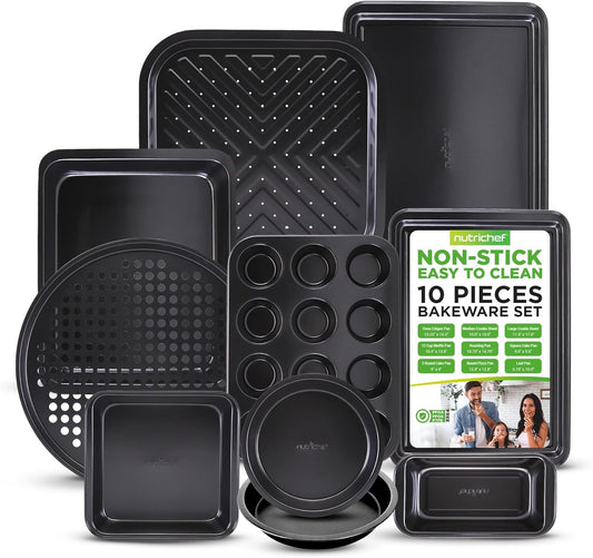 10-Piece Kitchen Oven Baking Pans - Deluxe Carbon Steel Bakeware Set with Stylish Non-stick Gray Coating Inside and Out, Dishwasher Safe & PFOA, PFOS, PTFE Free - NutriChef