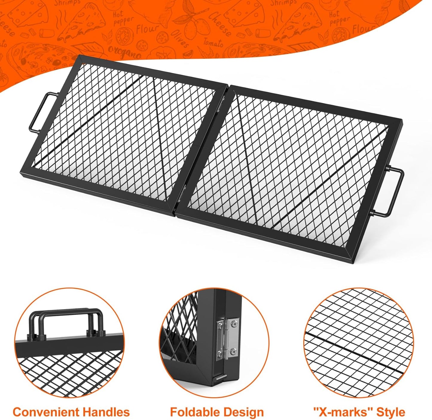 Onlyfire Foldable X-Marks Fire Pit Cooking Grate, Portable Rectangle Campfire Grill Grate with Handles, Heavy Duty Steel Campfire BBQ Grill for Outdoor, 40 inch