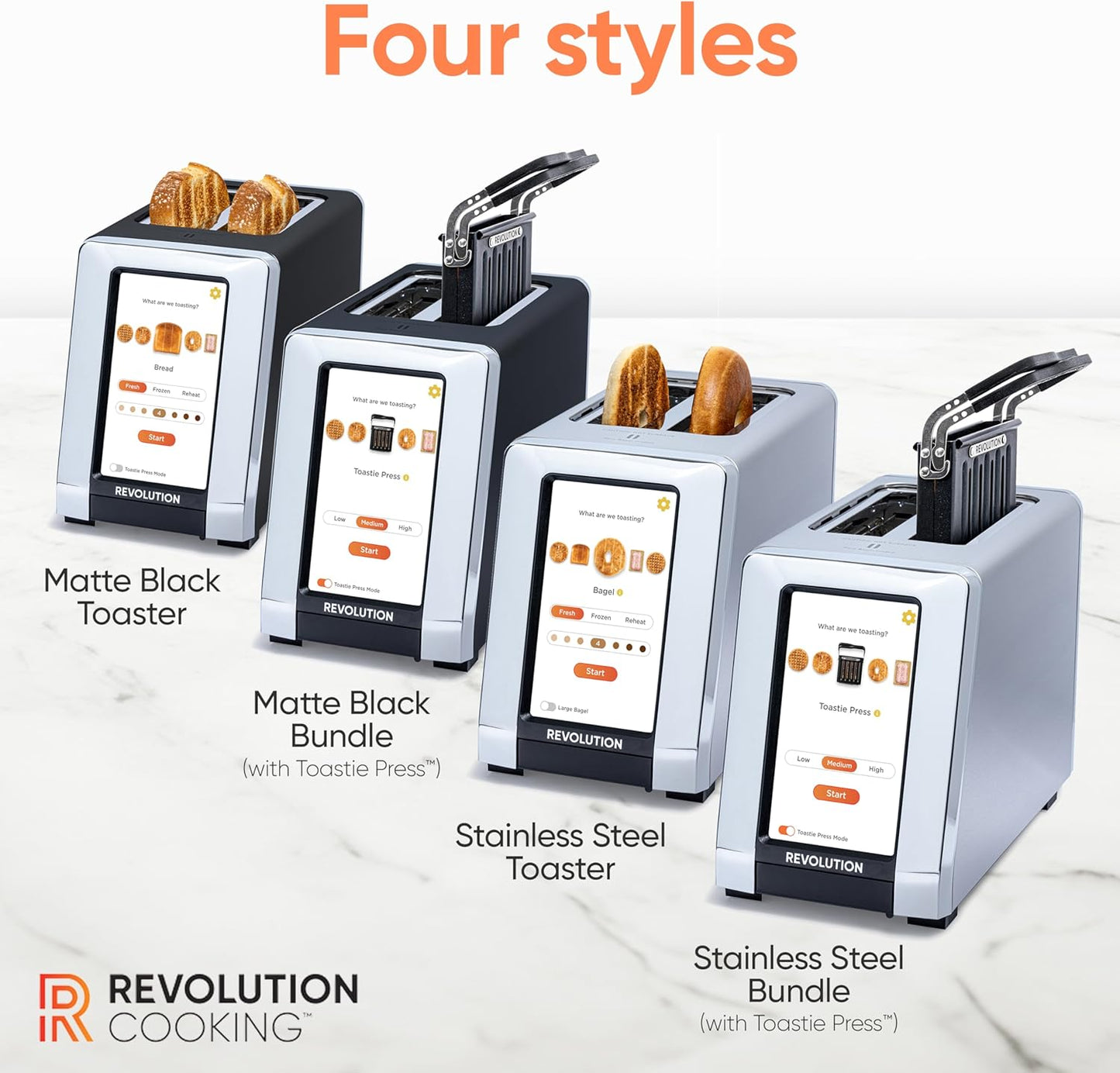 Revolution R180 Connect Smart Toaster + Toastie Press Bundle – Touchscreen, 2-Slice Wide Slot, InstaGLO Tech – Toast Bread, Bagels, Waffles, Muffins, Tortillas, Pastries – Stainless Steel
