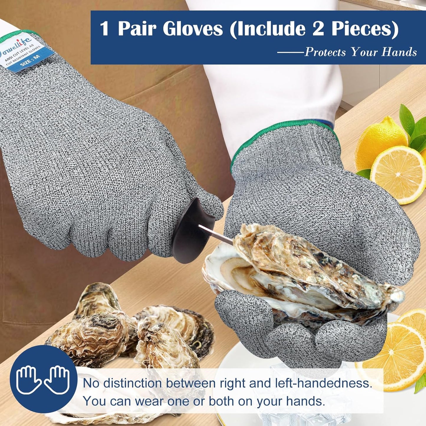Dowellife Soft Level 9 Cut Resistant Gloves Food Grade, Steel Wire Mixed Kitchen Safety Gloves for Chef Oyster Shucking Mandoline Knife Butcher Meat Cutting Carving (Large)