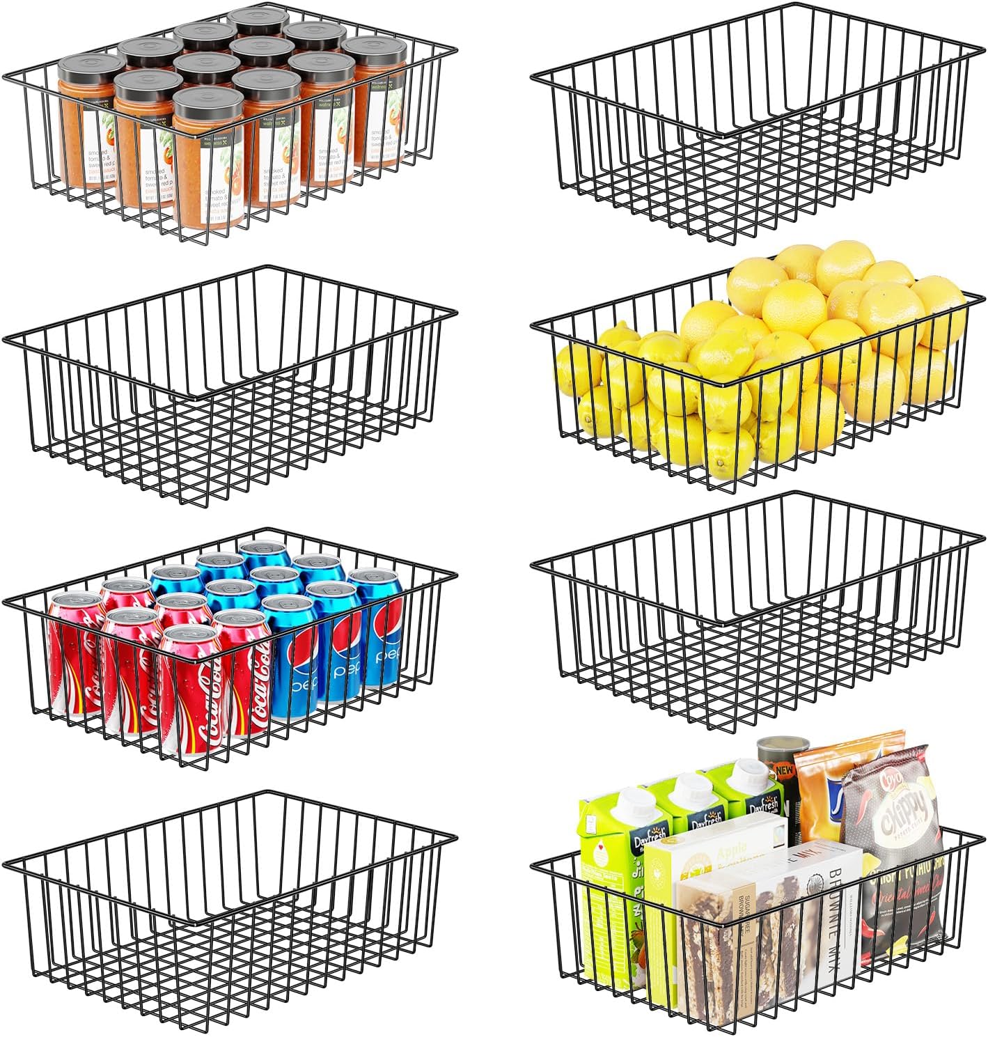 Simple Trending 8 Pack Large Wire Baskets for Organization, Metal Pantry Storage Baskets for Cabinet, Kitchen, Garage, Bathroom, Black