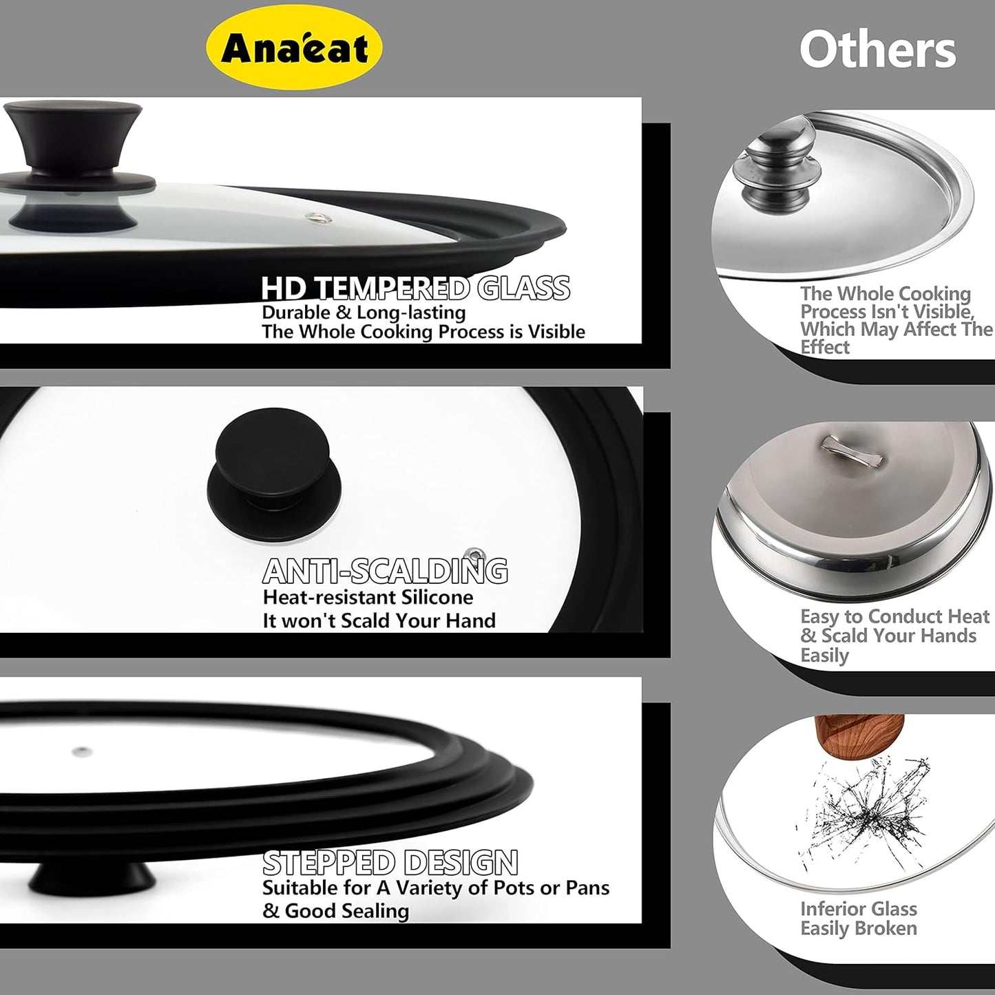 Anaeat Silicone Universal Lid for Pots, Pans and Skillets - Tempered Glass Covered with Heat Resistant Silicone Rim Fits All 6" to 11" Diameter Cookware -Easy to Use Replacement Frying Pan Cover