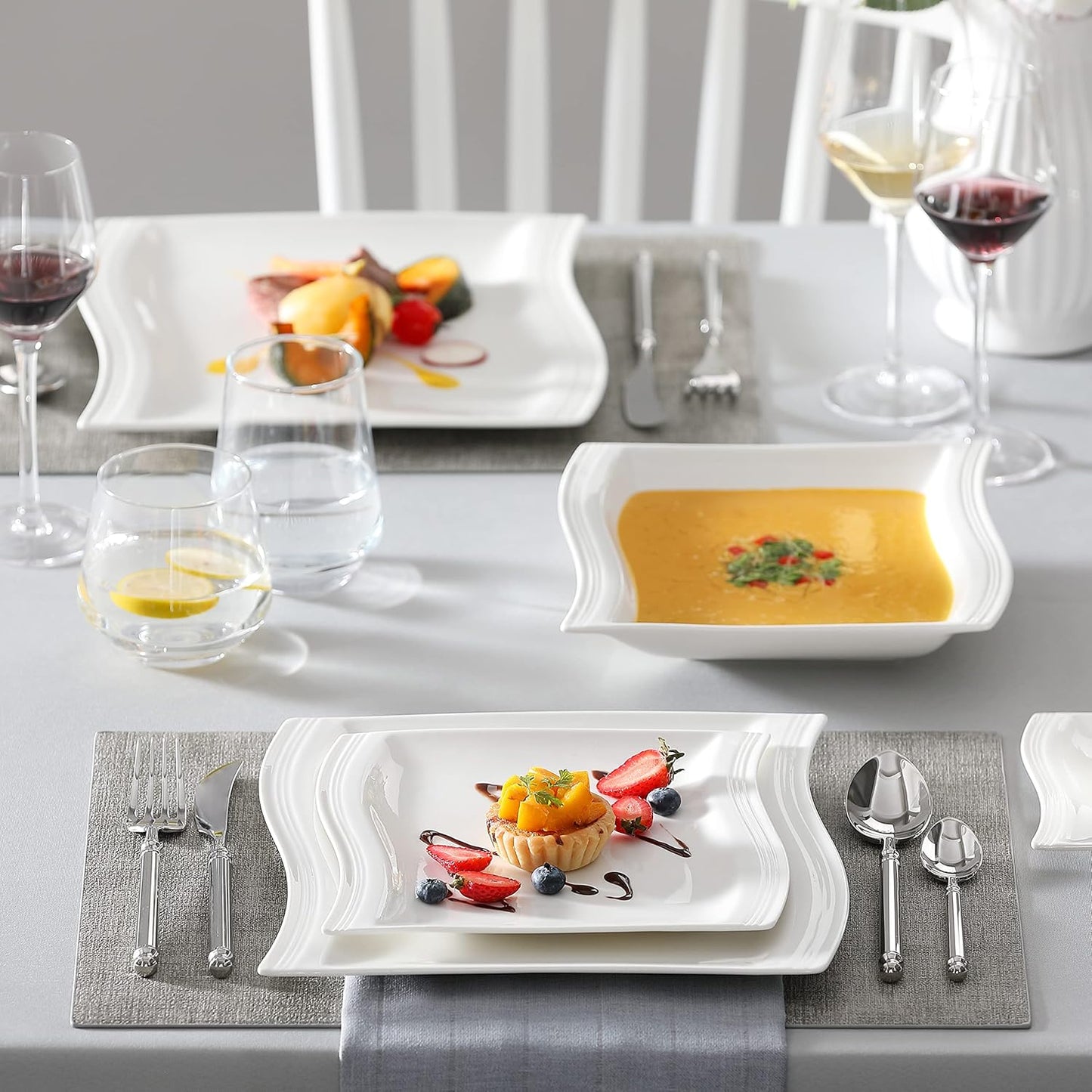 MALACASA Ivory White Dinnerware Sets, 30-Piece Porcelain Plates and Bowls Sets, Modern Dish Set for 6, Square Plates Dinnerware Set Kitchen Dishware Sets, Microwave and Dishwasher Safe, Series Flora