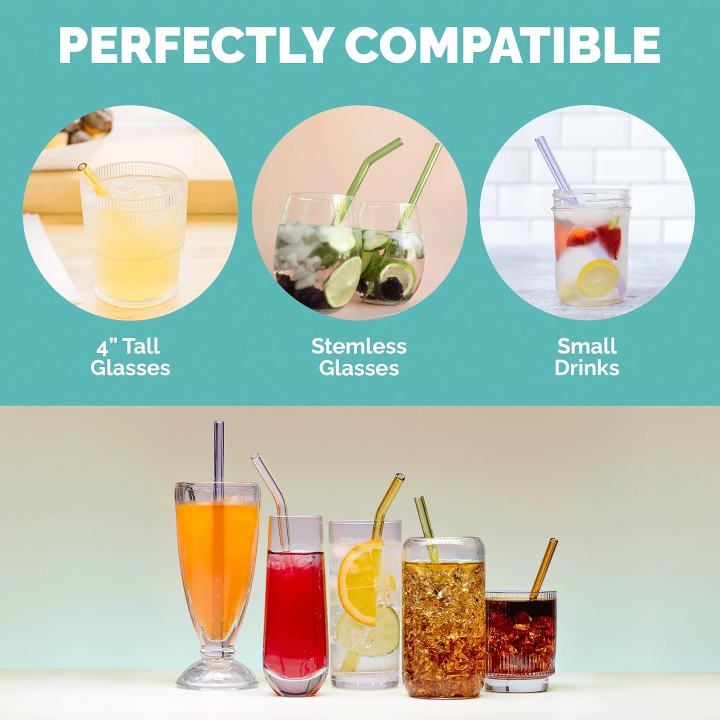 Simply Straws 6 Inch Glass Straws Straight (6-Pack) – Reusable Glass Straws for Low Balls & Stemless Glasses, with Cleaning Brush – Dishwasher Safe, Hot & Cold Use, BPA-Free (Air)